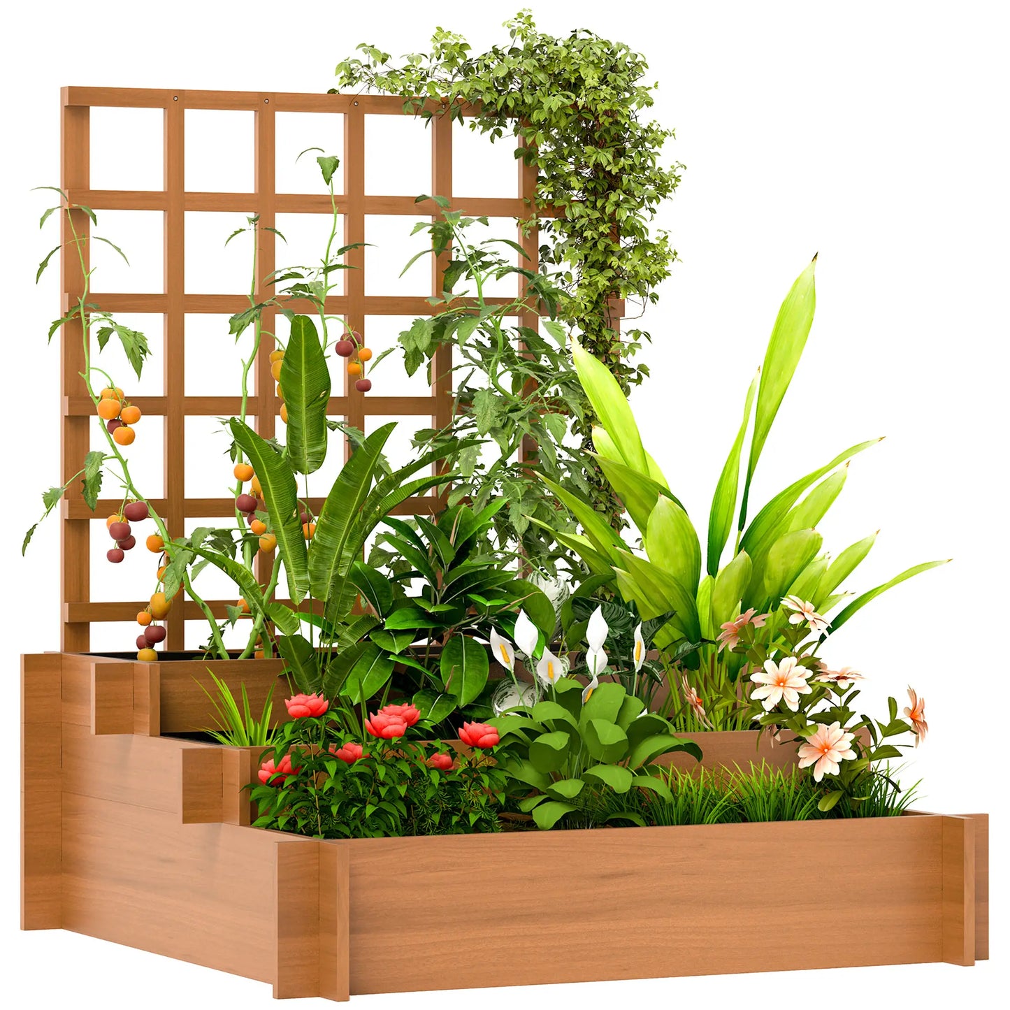 Wooden Elevated Planter Box with Trellis, 3 Tier Raised Garden Bed, Brown Raised Garden Beds at Gallery Canada