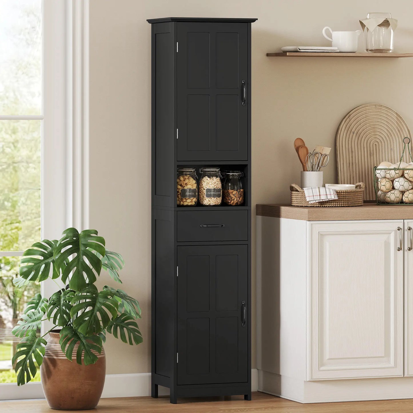 Modern Bathroom Cabinet, Narrow Vanity with Shelf and Drawer, Black Freestanding Bathroom Cabinets at Gallery Canada