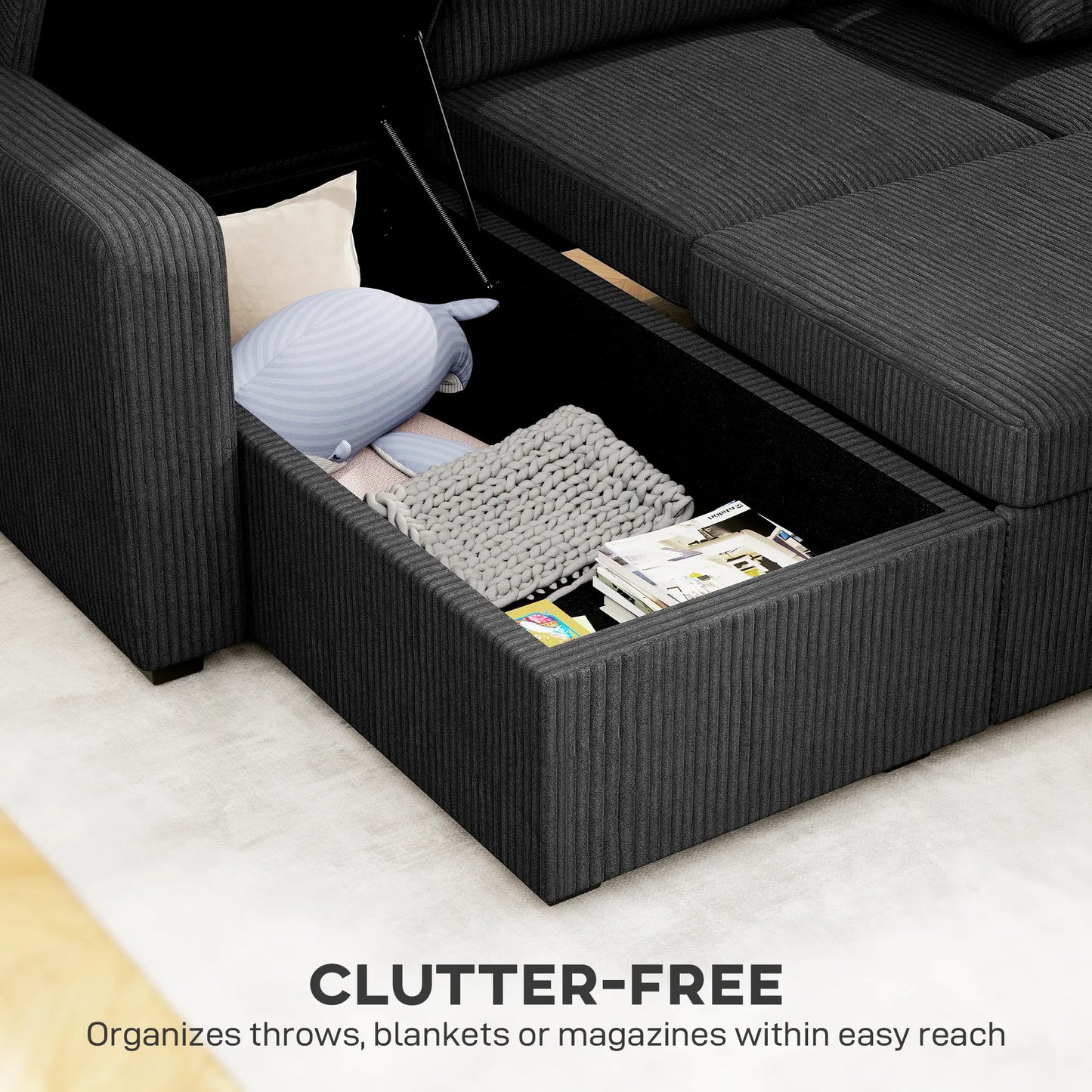 81" Sofa Bed, Pull Out Sleeper with Storage, Corduroy Convertible Couch, Dark Grey Sofas & Reclining Chairs at Gallery Canada