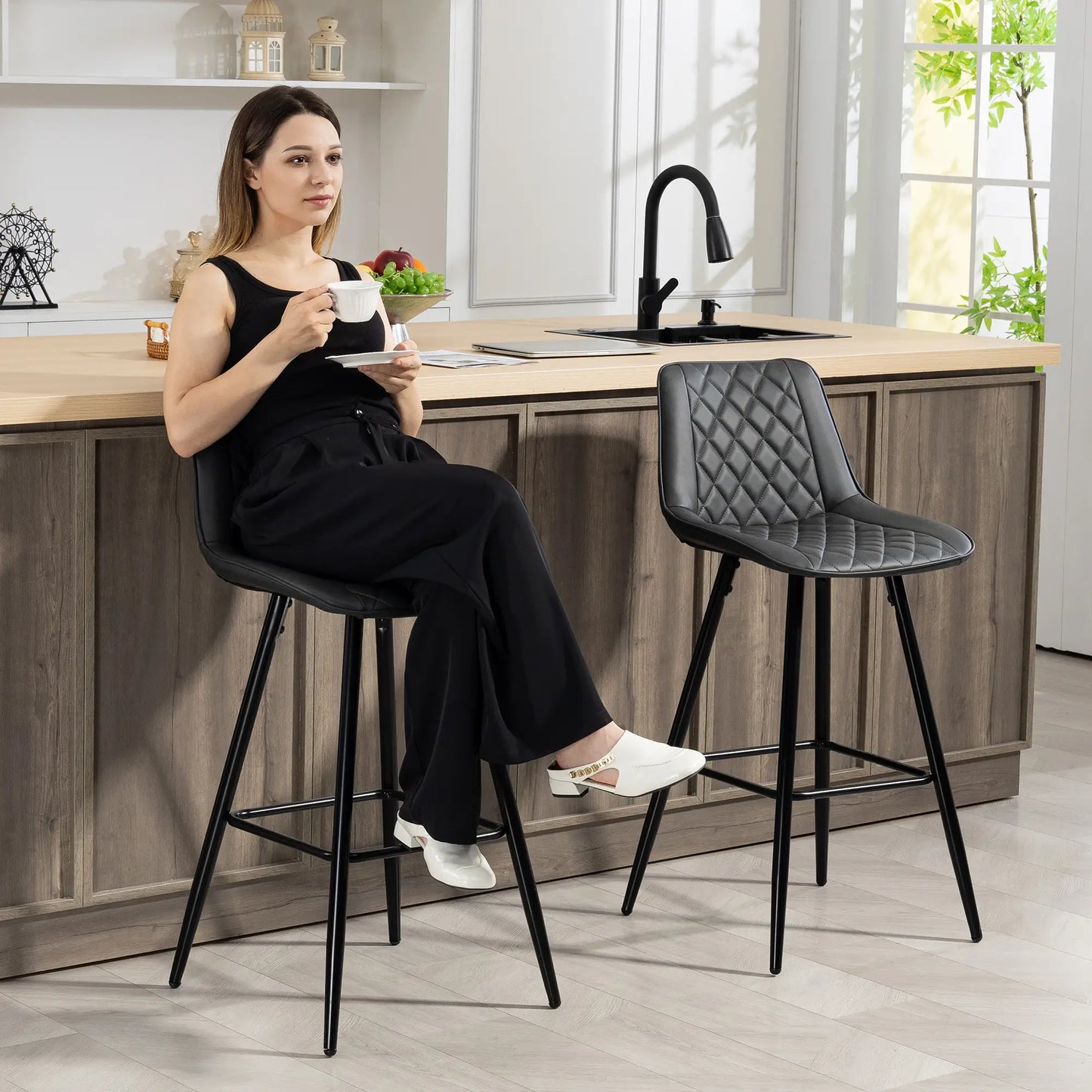 PU Leather Counter Height Bar Chairs Set of 2, 27.75" Bar Stools, Black Bar Stools at Gallery Canada