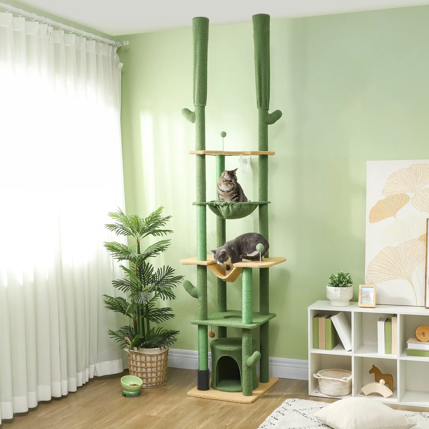 89"-100" Cat Tree Tower for Large Cats, Scratching Posts, Grooming Brush, Green Floor to Ceiling Cat Trees at Gallery Canada