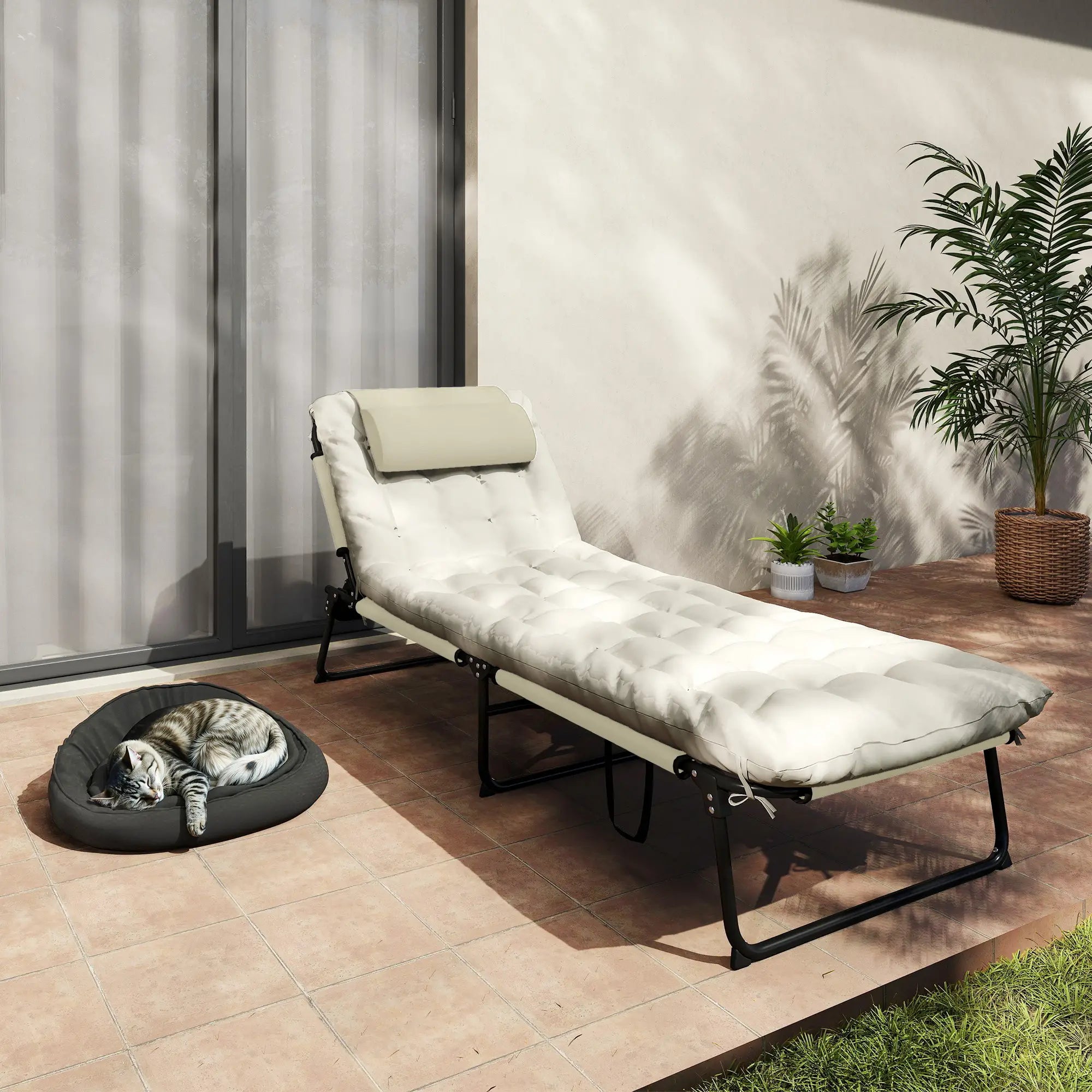 Folding Lounge Chair, 4-Level Reclining Back, Cushion, Beige Lounger Chairs at Gallery Canada