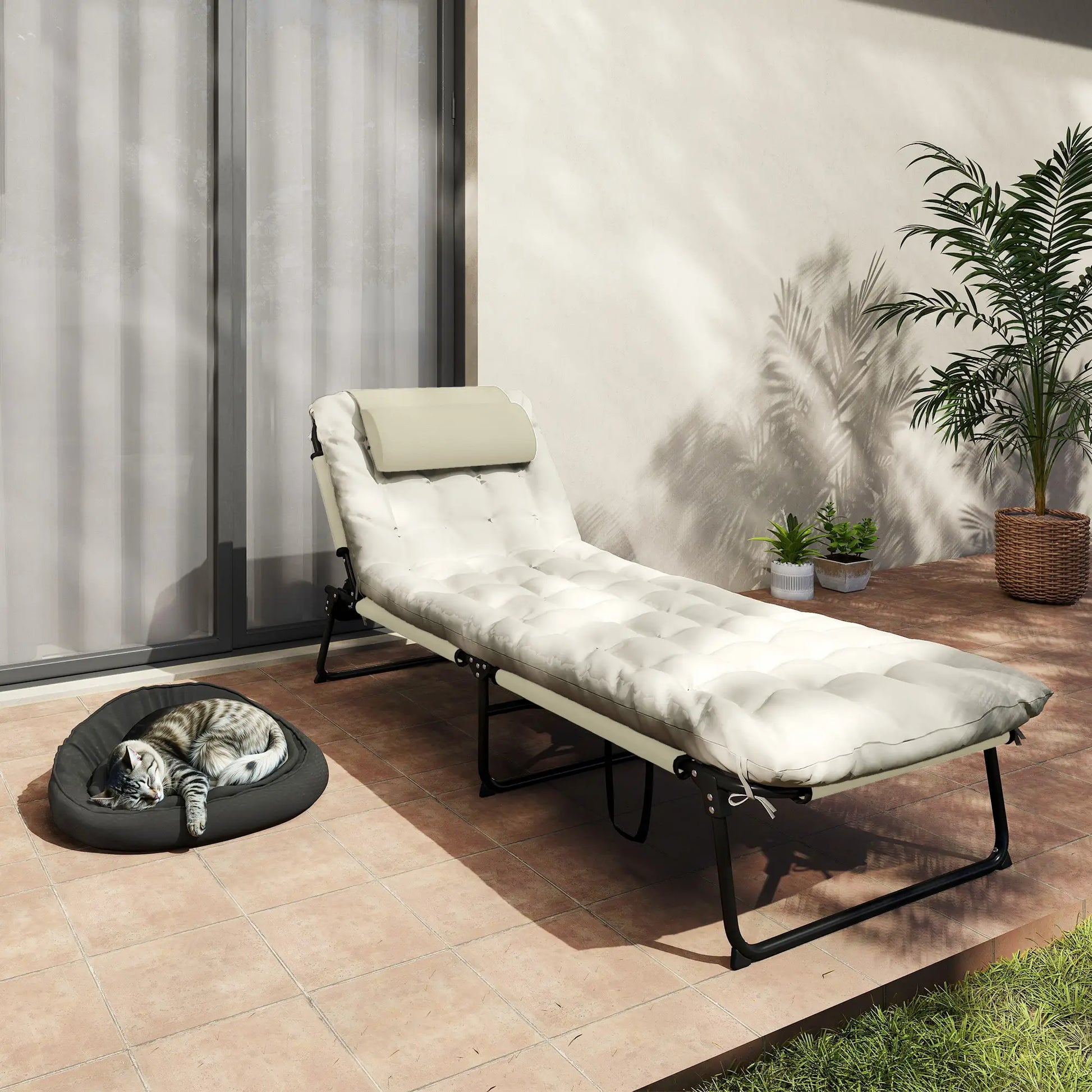 Folding Lounge Chair, 4-Level Reclining Back, Cushion, Beige Lounger Chairs at Gallery Canada