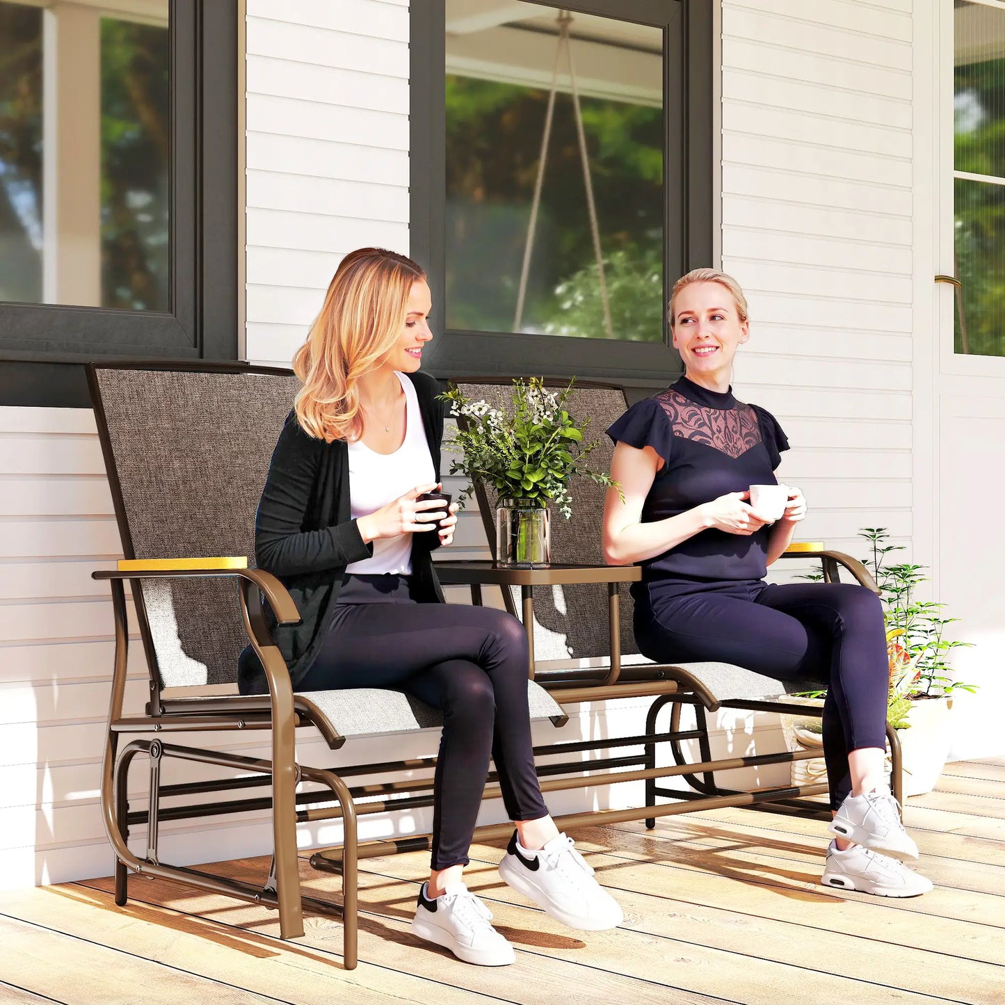 2-Person Glider Bench, Outdoor Mesh Loveseat with Table Outdoor Gliders at Gallery Canada