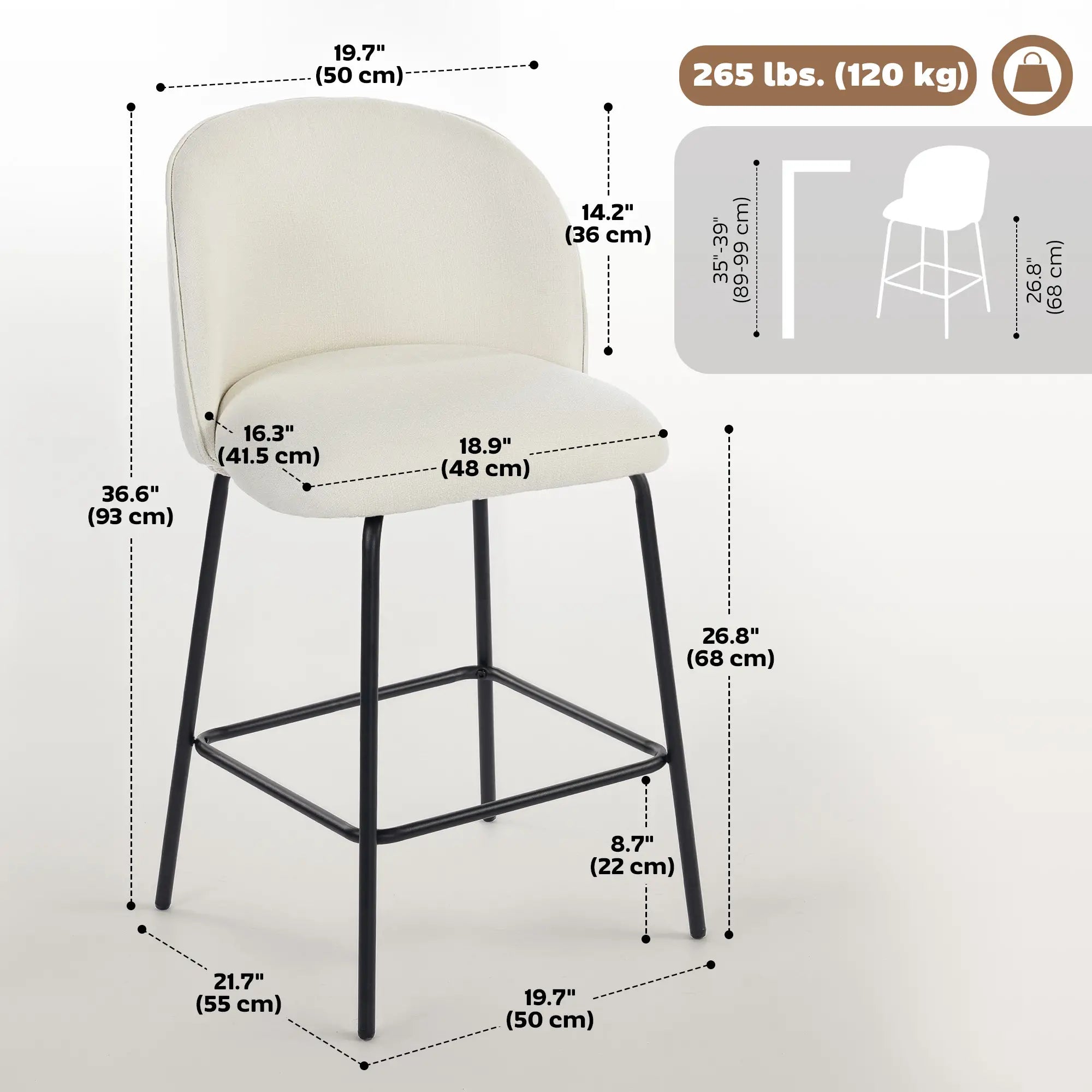 Set of 2 Counter Height Barstools, Upholstered Linen, Cream White Bar Stools at Gallery Canada