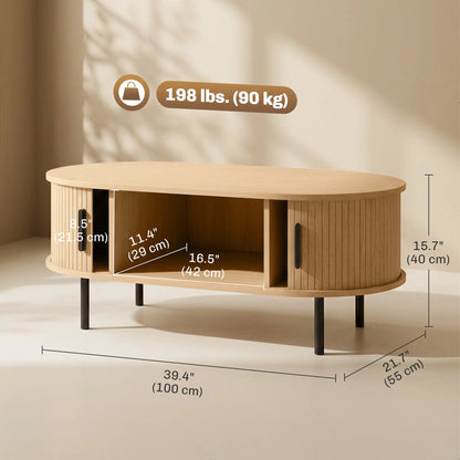 Coffee Table with Sliding Tambour Doors and Storage Center Table with Metal Legs, 39", Natural