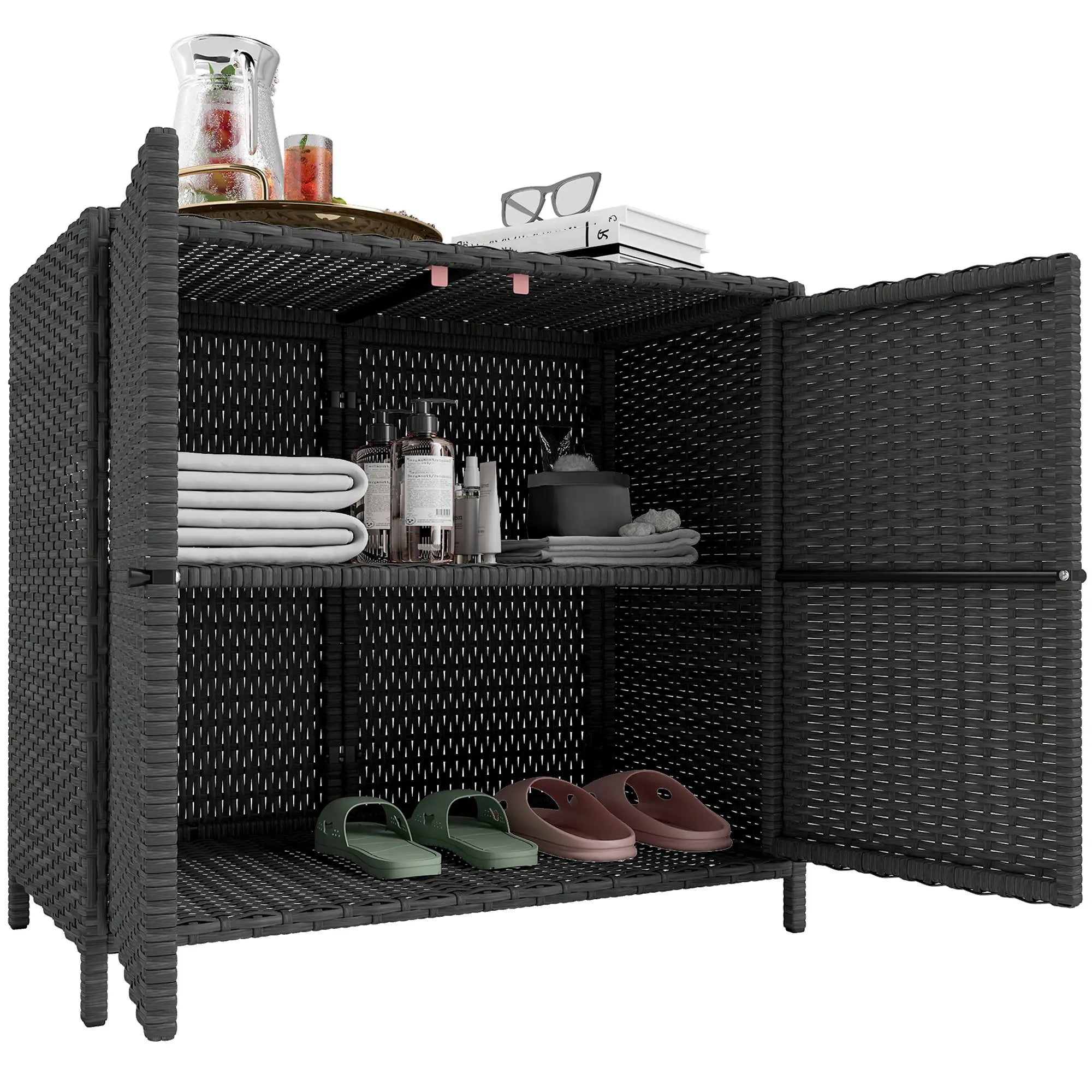 Outdoor Storage Cabinet, Double Magnetic Doors, PE Rattan Towel Rack, Dark Grey Patio Storage Boxes at Gallery Canada