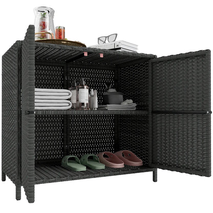 Outdoor Storage Cabinet, Double Magnetic Doors, PE Rattan Towel Rack, Dark Grey Patio Storage Boxes at Gallery Canada