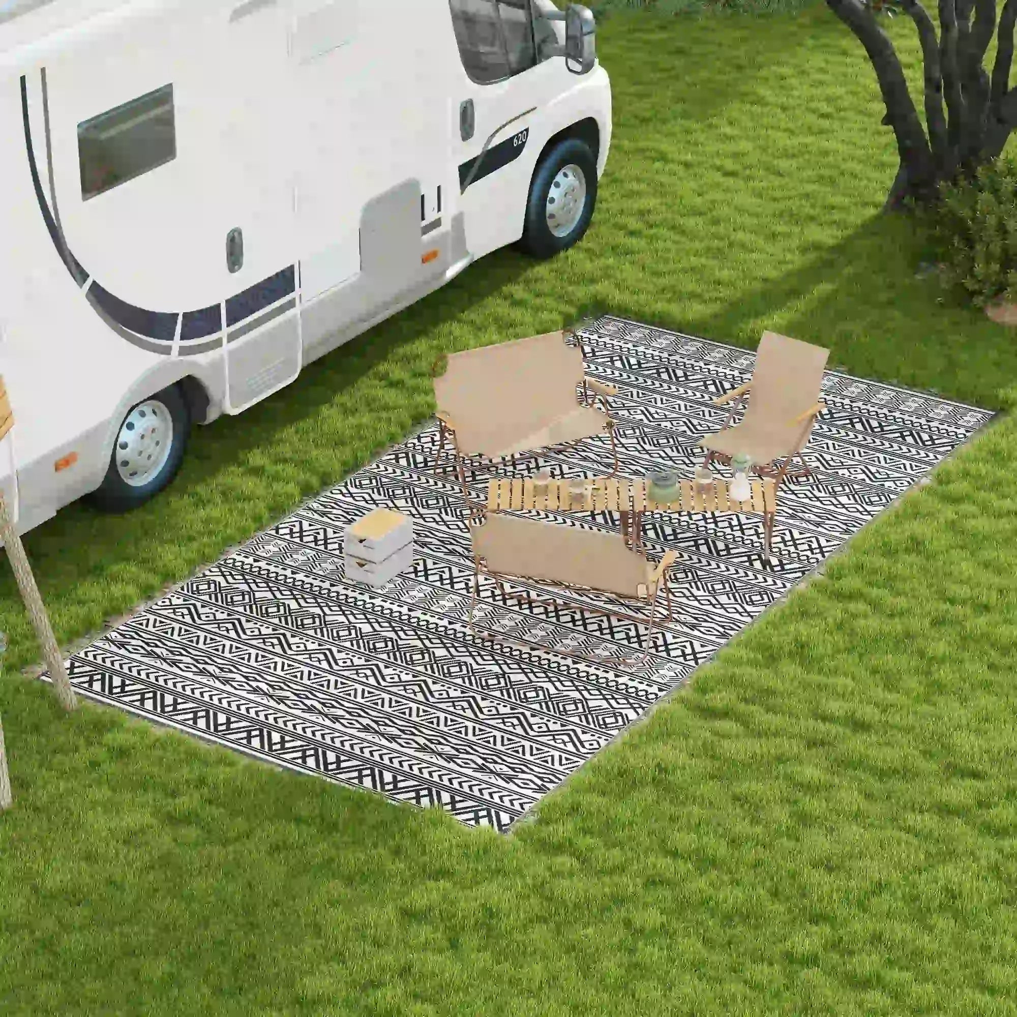 Reversible Outdoor Rug, Waterproof, 9' x 18', Boho, Grey Cream White Outdoor Reversible Rugs at Gallery Canada