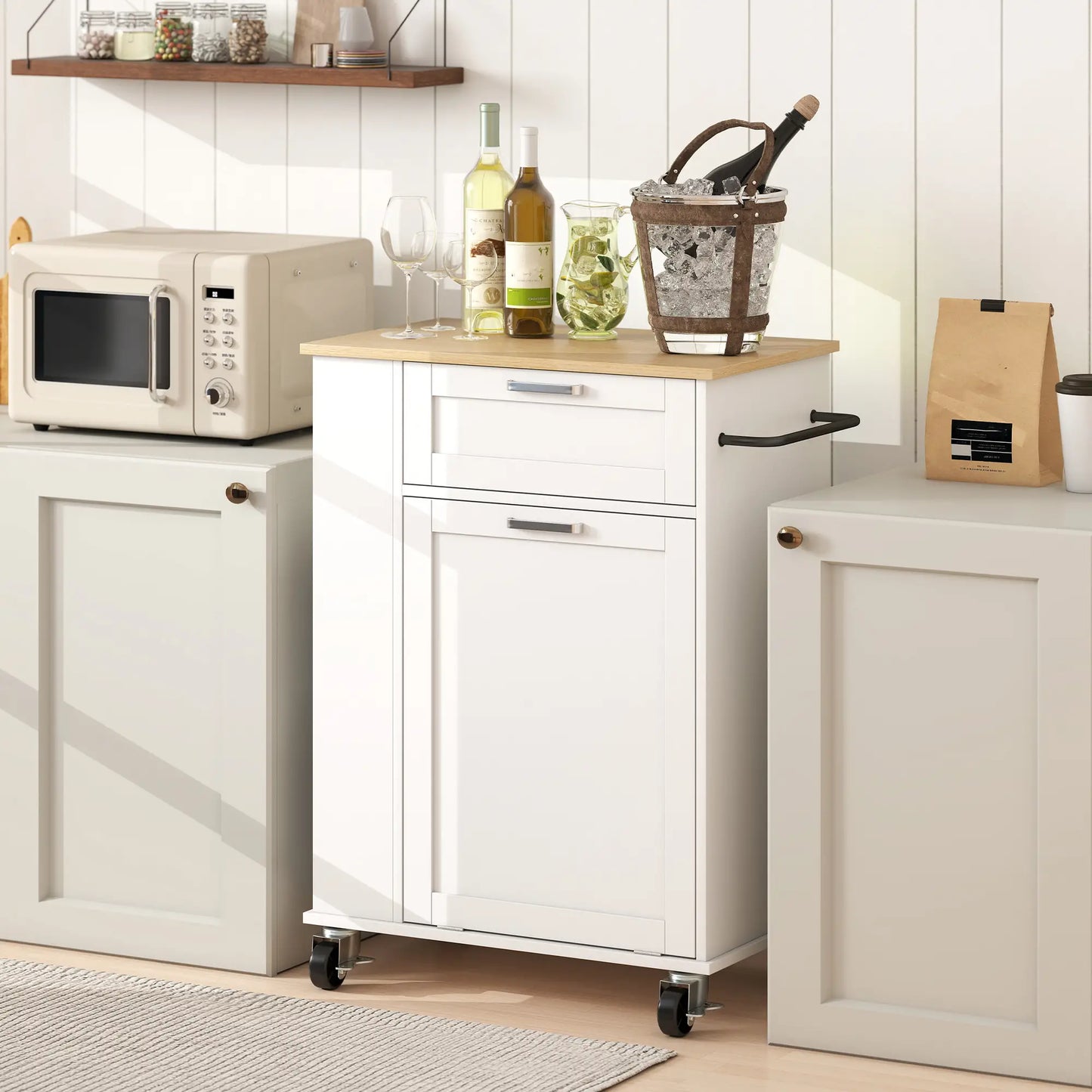 Rolling Kitchen Island with Trash Can Storage, Spice Rack, Drawer, White Kitchen Islands & Kitchen Carts at Gallery Canada