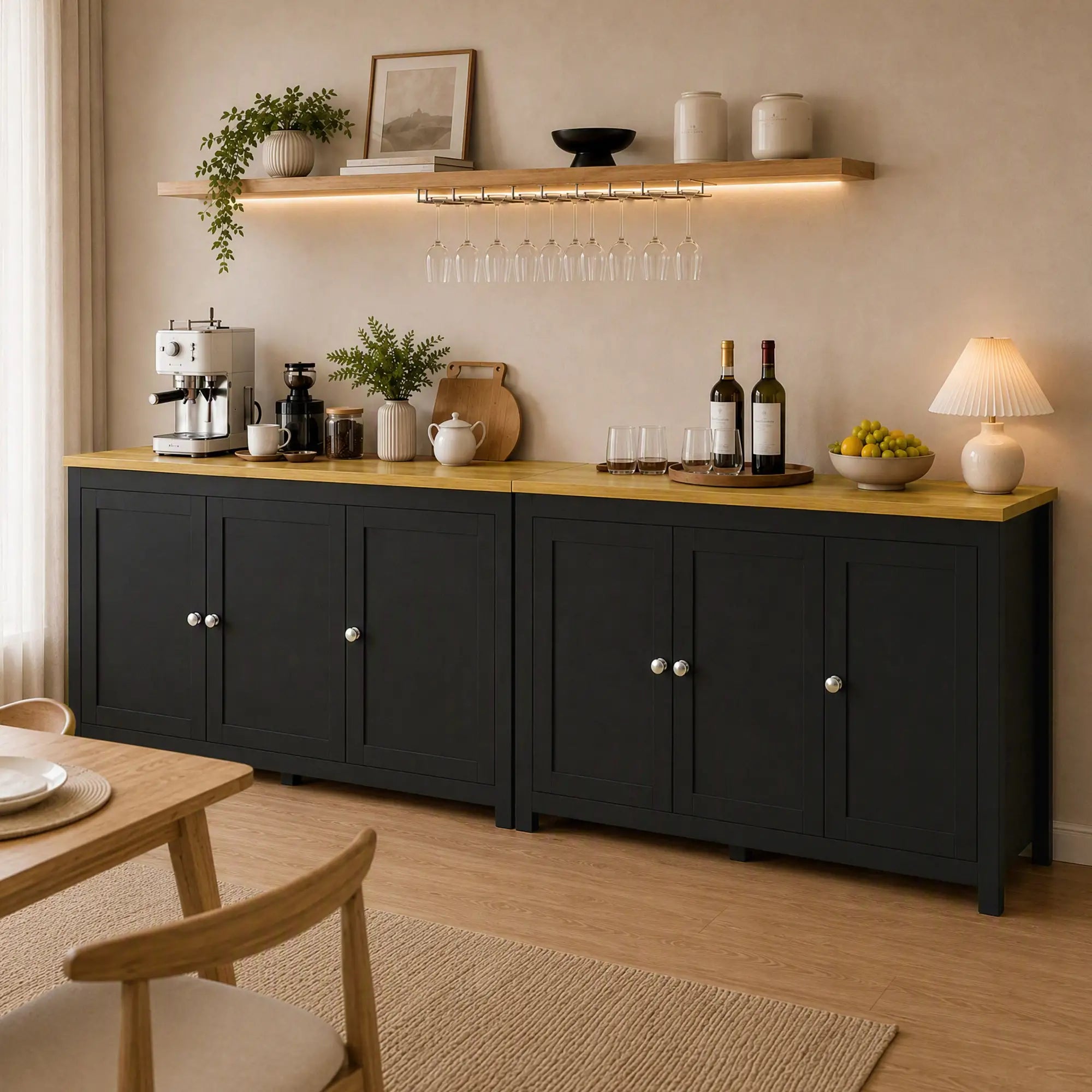 Sideboard, Buffet Cabinet with Doors, Adjustable Shelves, Natural, Black Kitchen Pantry Cabinets at Gallery Canada