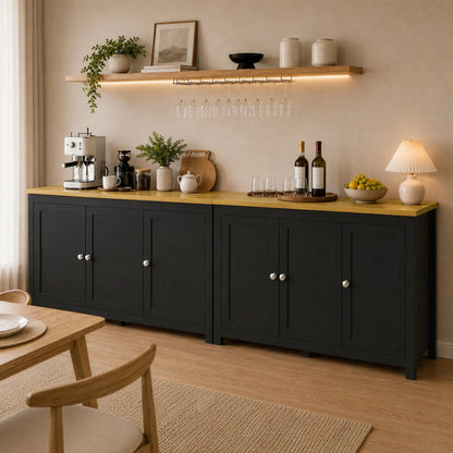 Sideboard, Buffet Cabinet with Doors, Adjustable Shelves, Natural, Black Kitchen Pantry Cabinets at Gallery Canada