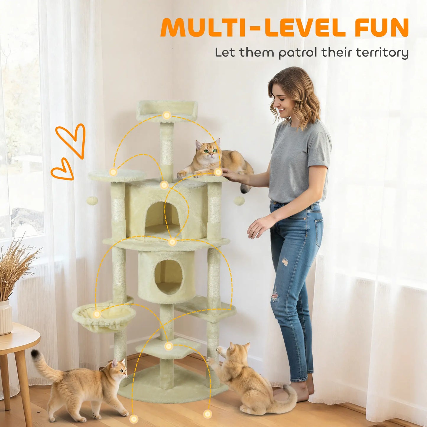 62" Cat Tree, Scratching Post, 2 Condos, Hammock, Perches, Beige