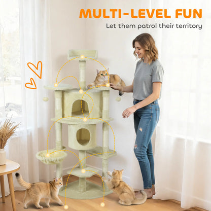 62" Cat Tree, Scratching Post, 2 Condos, Hammock, Perches, Beige