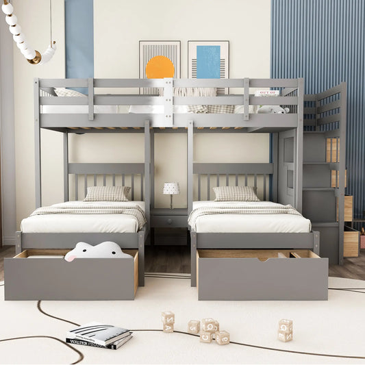 Twin Over Full Bunk Bed with Drawers, Guardrails, Pine Frame, 115" L x 76" W x 64.5" H, Grey Bed Frames Grey at Gallery Canada