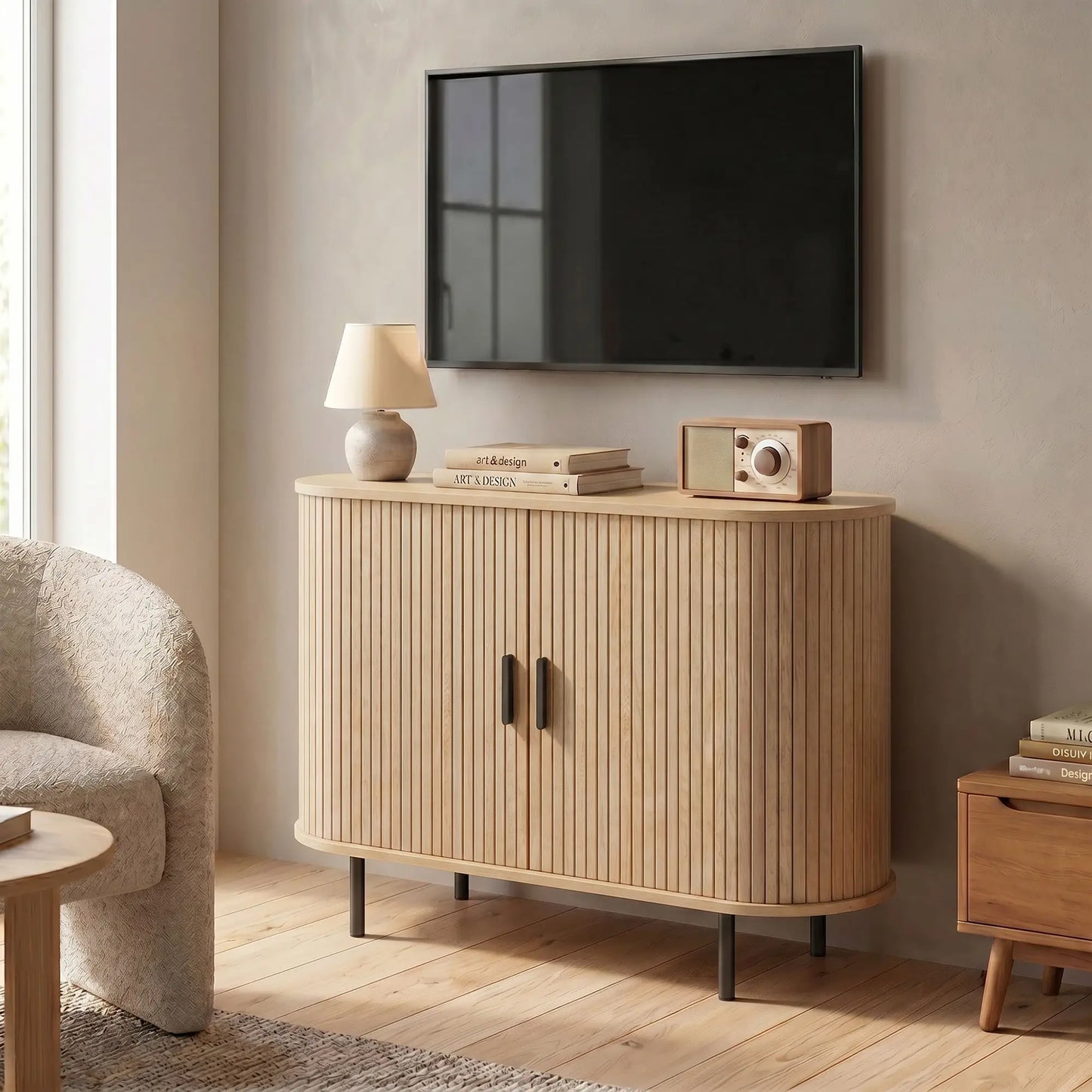 Sideboard Buffet Cabinet with Curved Tambour Doors, Natural Wood, Natural Wood