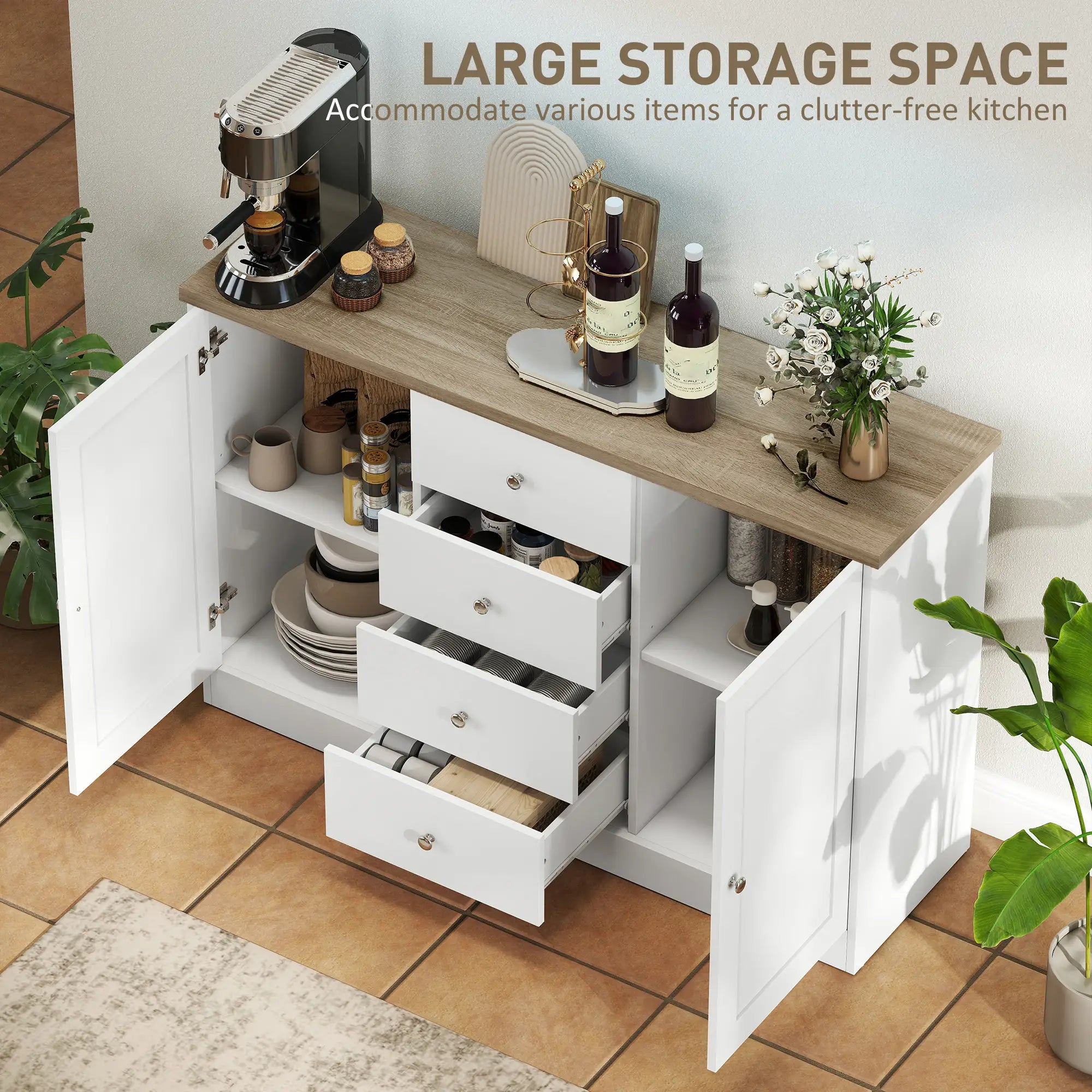 Country Style Sideboard Buffet, Coffee Bar Cabinet, Adjustable Shelf, 2 Shaker Doors, 4 Drawers, White Bar Cabinets at Gallery Canada