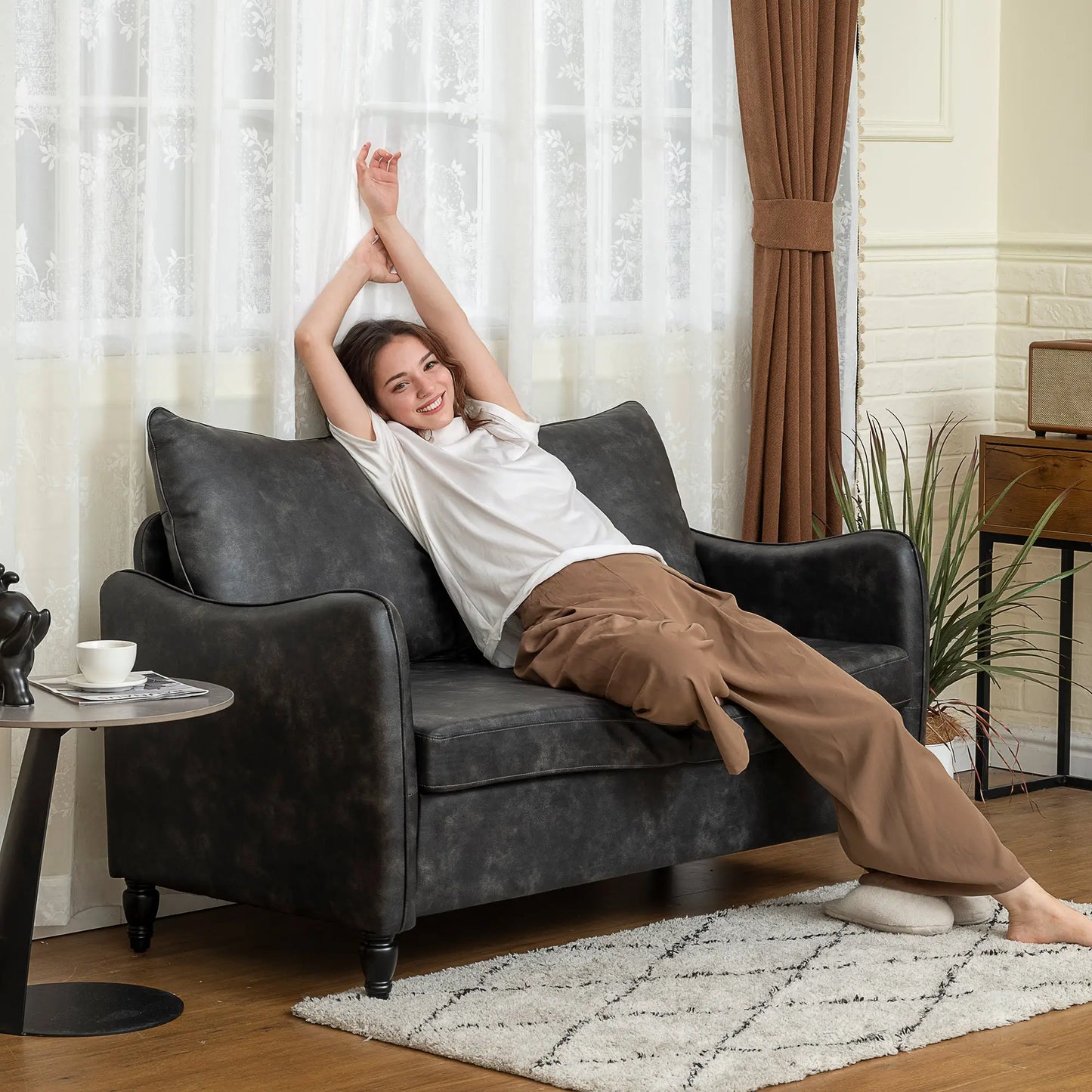 55" Loveseat Sofa, 2 Seater with Wood Legs, PU Leather, Grey 2-Seater Sofas at Gallery Canada