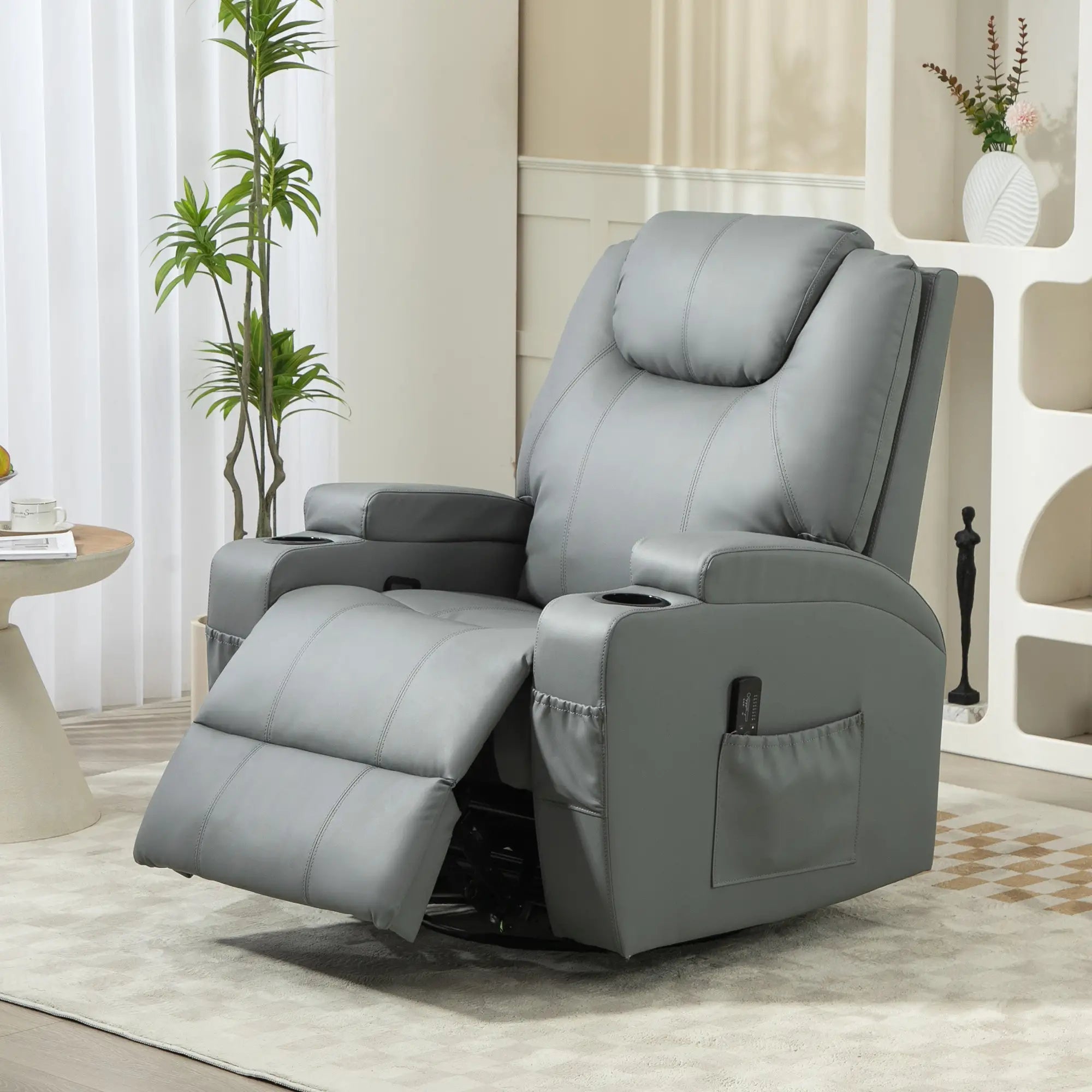 Massage Recliner Chair Leather Swivel Rocker Manual Reclining Chair with 8 Vibration Points, Cup Holders, Light Grey Single Sofas at Gallery Canada