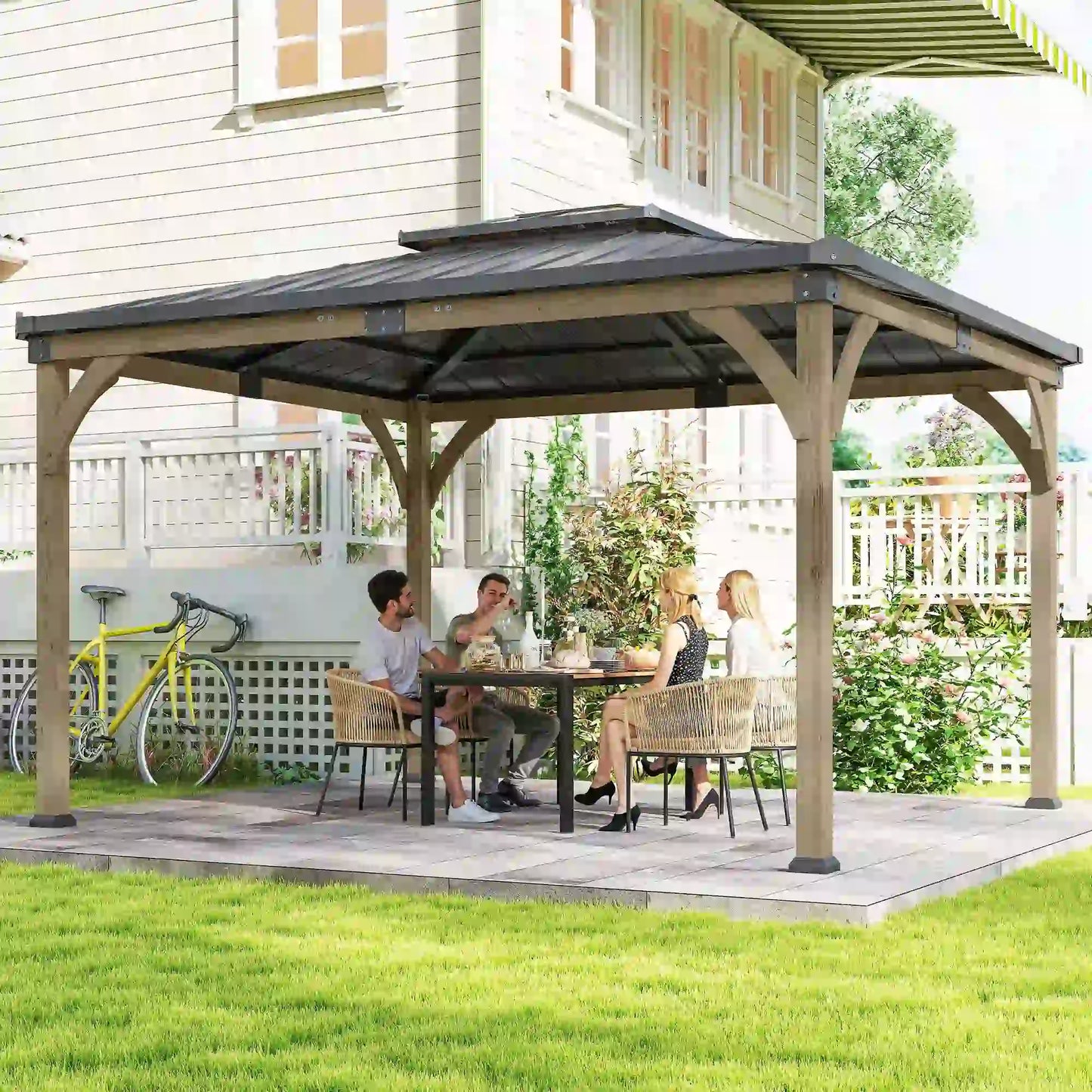 12' x 14' Hardtop Gazebo, Galvanized Steel Roof, Wood Frame, Light Walnut Gazebos at Gallery Canada