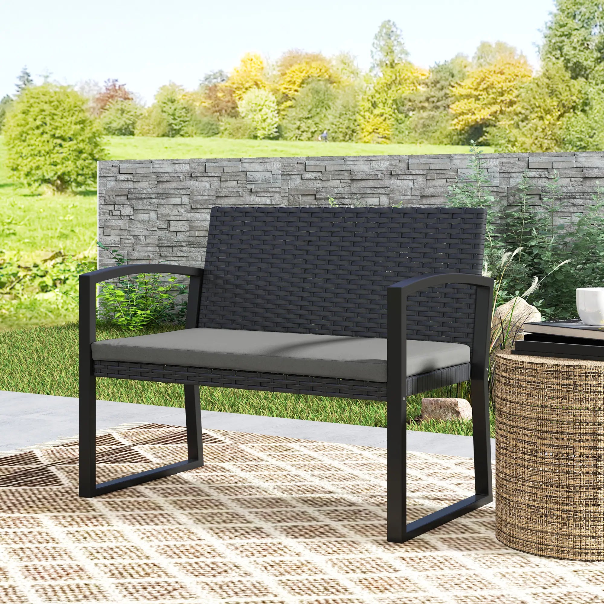 2 Seater Outdoor Rattan Bench with Cushion, Steel Frame, Light Grey Patio Chairs at Gallery Canada