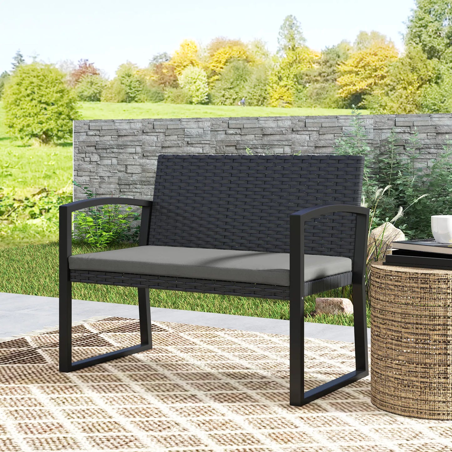 2 Seater Outdoor Rattan Bench with Cushion, Steel Frame, Light Grey Patio Chairs at Gallery Canada