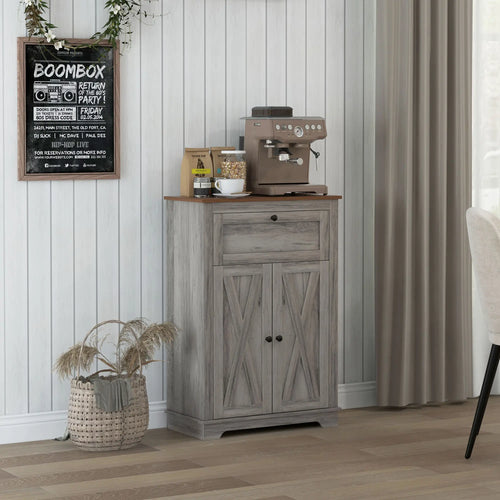 Farmhouse Storage Cabinet With Doors, Drawer, Grey Wash