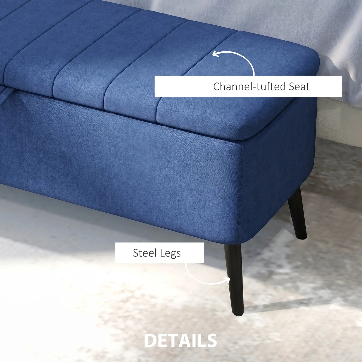 40" Ottoman with Storage, Linen Upholstered Bench, Dark Blue Storage Ottomans & Benches at Gallery Canada