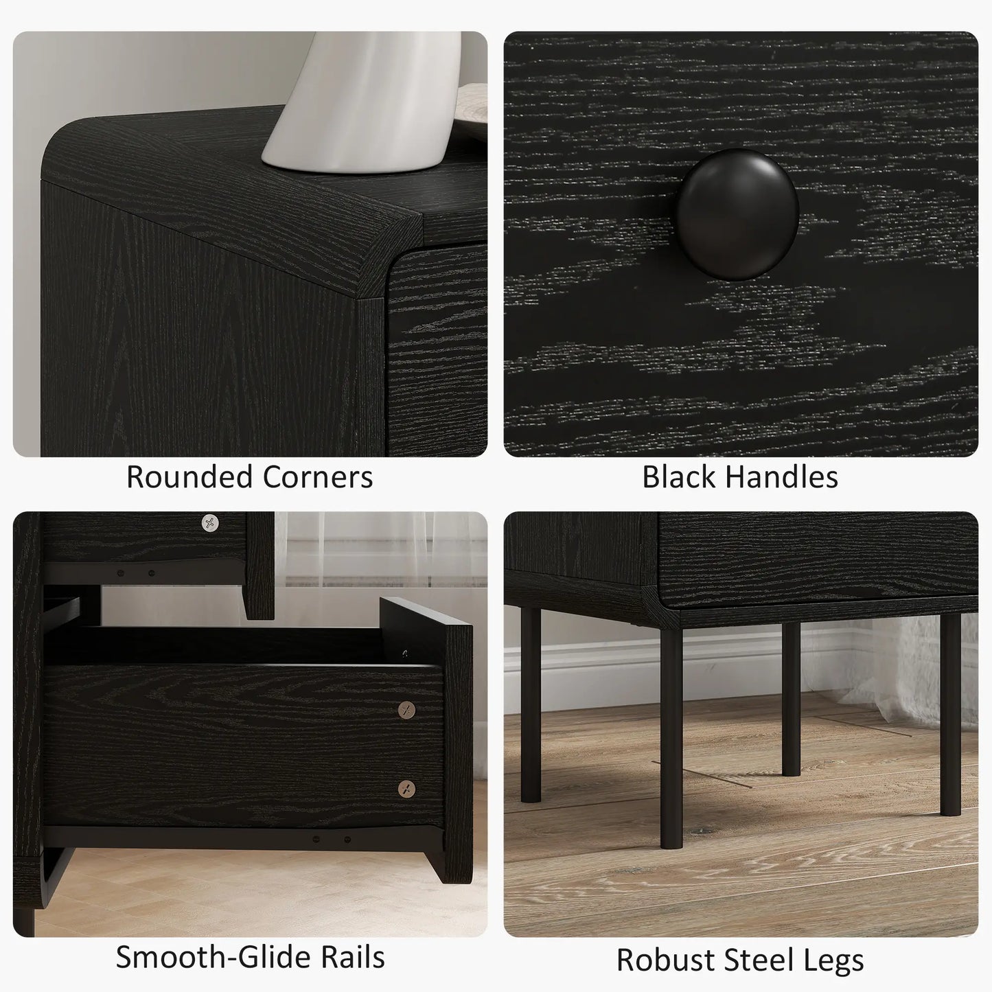 Modern Bedside Tables Set of 2, 2 Drawers, Steel Legs, Black Wood Grain, Black Bedside Tables at Gallery Canada