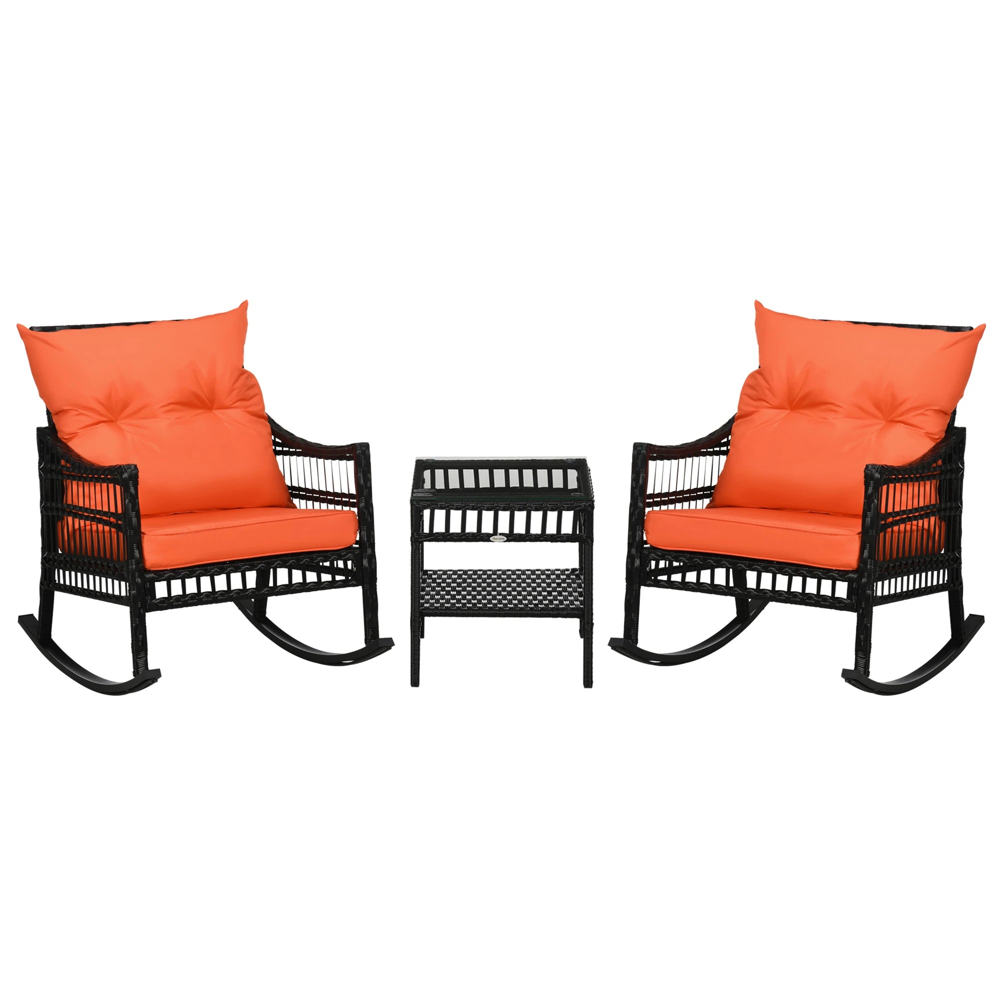 3-Piece Outdoor PE Rattan Rocker Chair Set, 25x26x28, Orange Outdoor Rocking Chairs Black Rattan, Orange Cushion at Gallery Canada