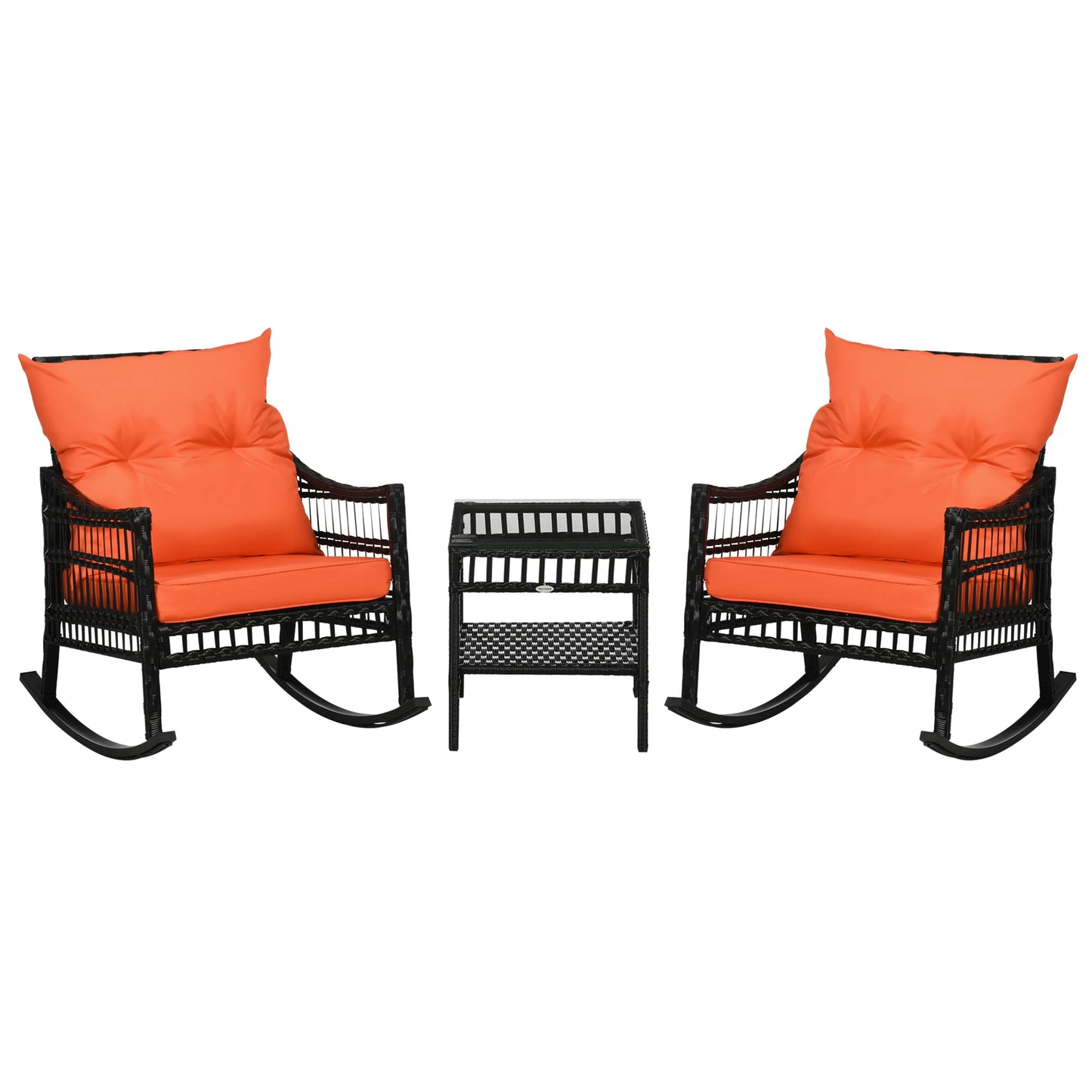 3-Piece Outdoor PE Rattan Rocker Chair Set, 25x26x28, Orange Outdoor Rocking Chairs Black Rattan, Orange Cushion at Gallery Canada