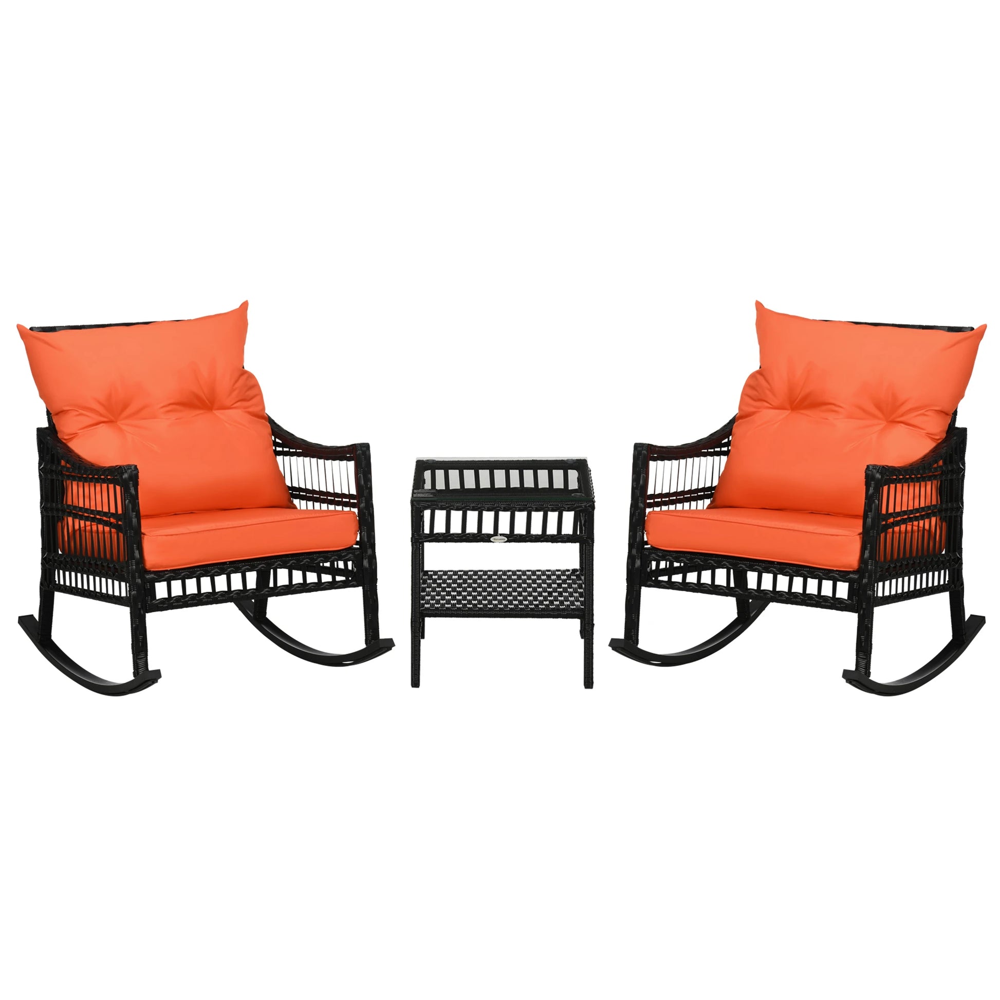 3-Piece Outdoor PE Rattan Rocker Chair Set, 25x26x28, Orange Outdoor Rocking Chairs Black Rattan, Orange Cushion at Gallery Canada
