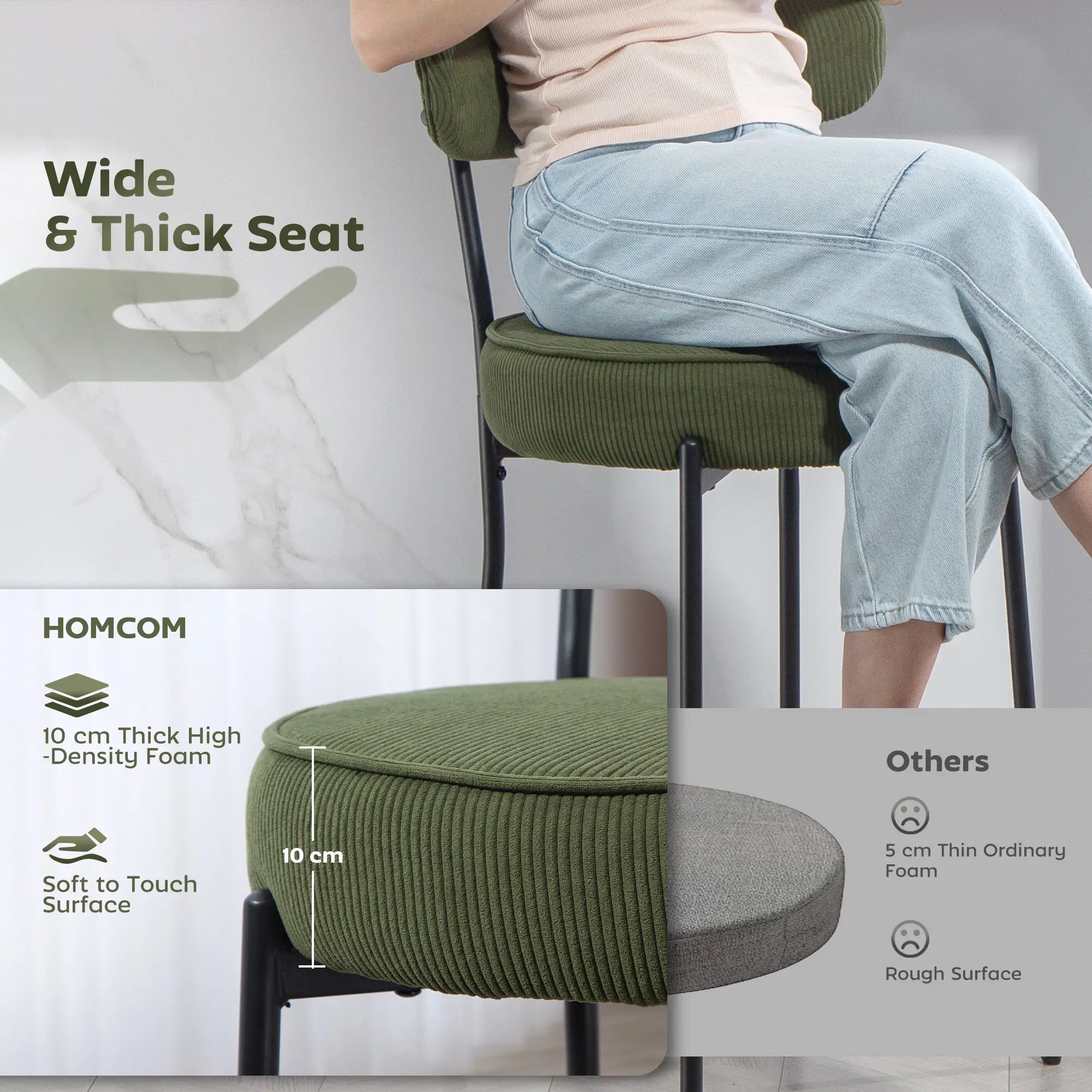 Set of 2 Barstools, Upholstered Corduroy, Backrest, Footrest, Green Bar Stools at Gallery Canada