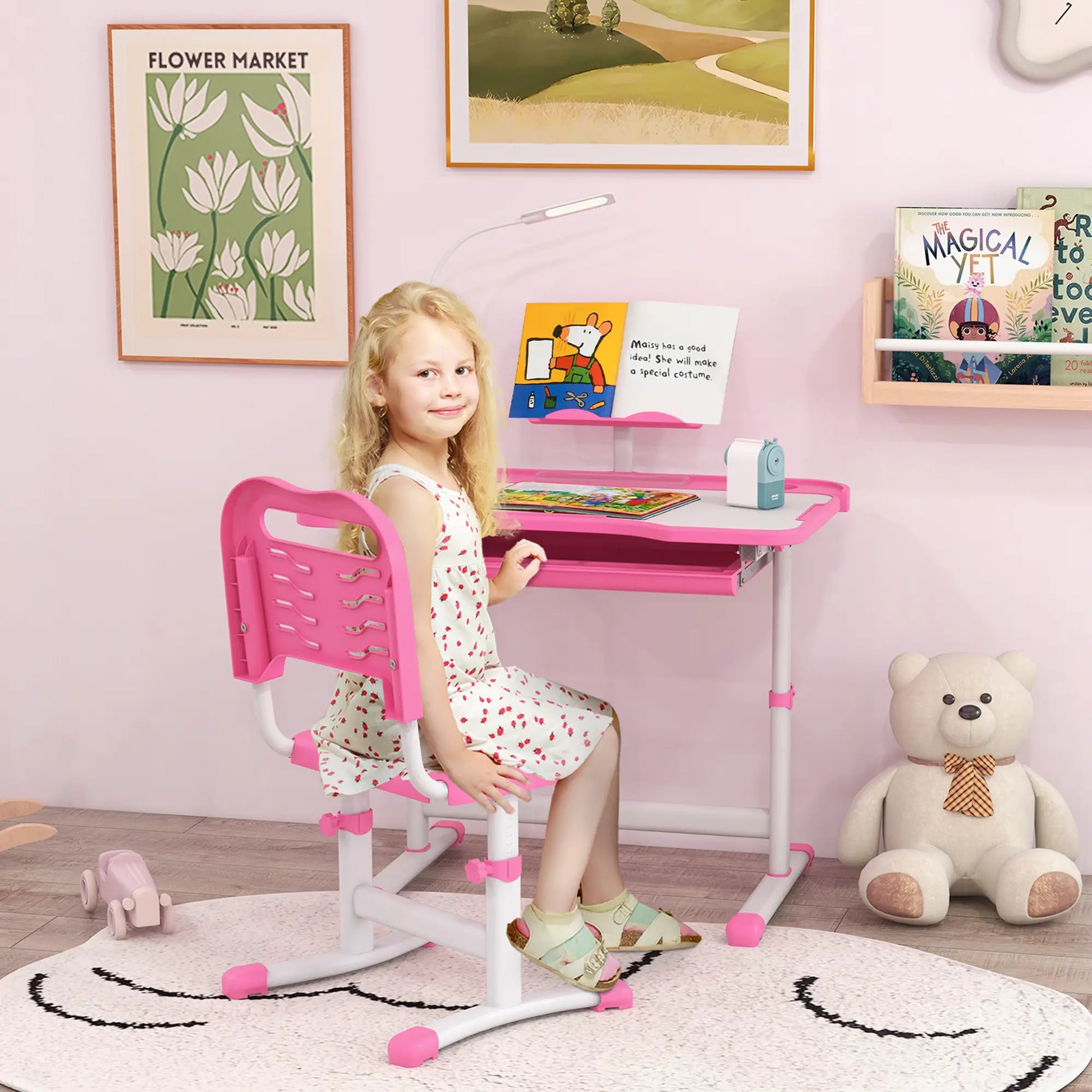 Kids Desk and Chair Set, Adjustable Height, Tilt Desktop, Pink Kids Desk Sets at Gallery Canada