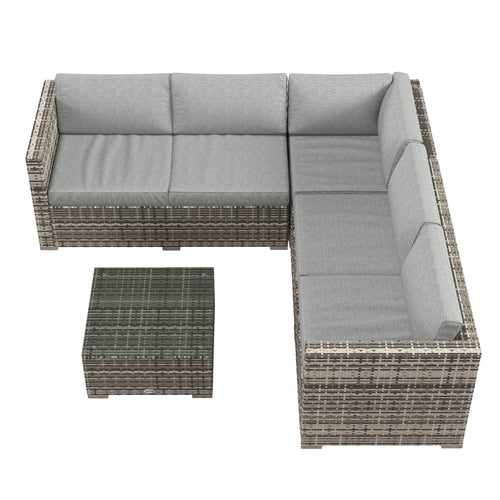 4-Piece Rattan Wicker Outdoor Furniture Set, Corner Sofa, Loveseats, Coffee Table, Cushions, Grey