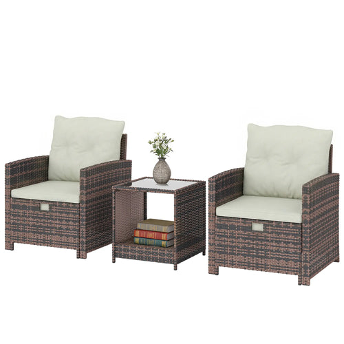 5 Piece Patio Set, Wicker Chairs With Ottomans, Glass Coffee Table, Brown Cream