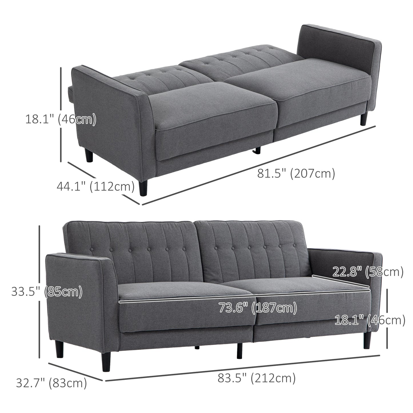 Convertible Bed with Couch, Adjustable Back Sofa Bed, Charcoal Grey 2-Seater Sofas at Gallery Canada