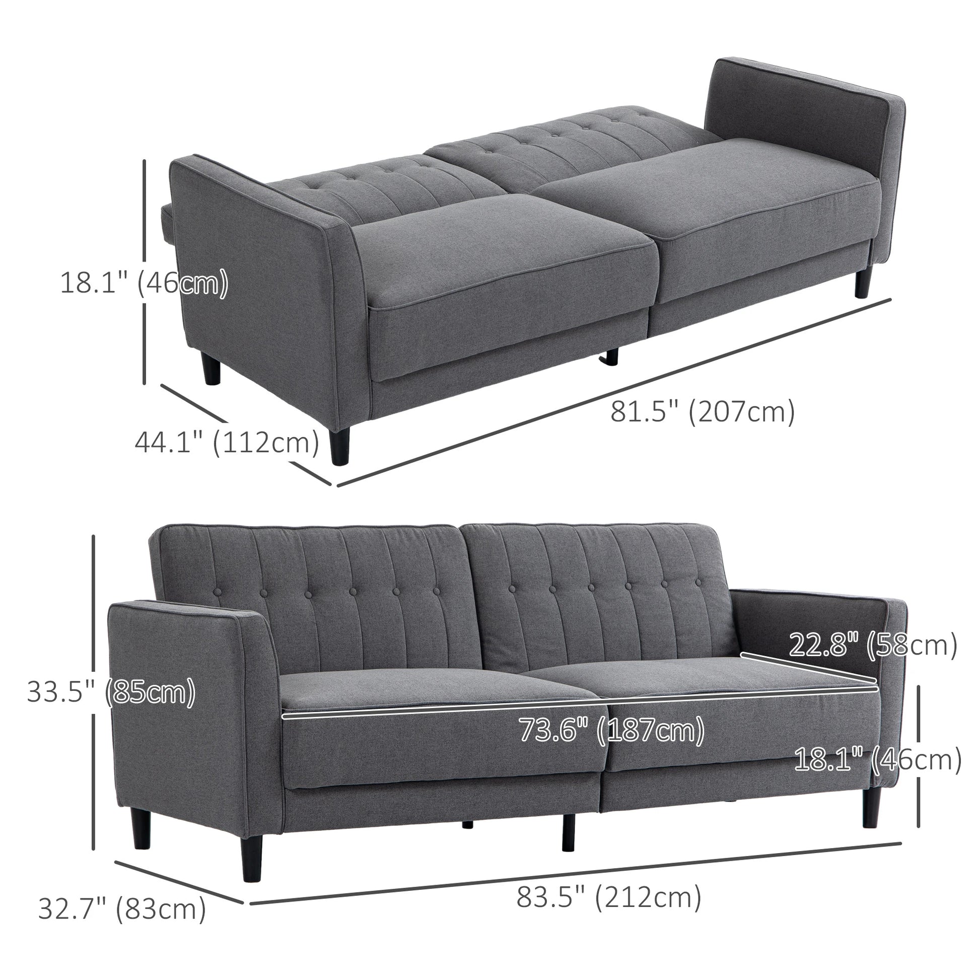 Convertible Bed with Couch, Adjustable Back Sofa Bed, Charcoal Grey 2-Seater Sofas at Gallery Canada