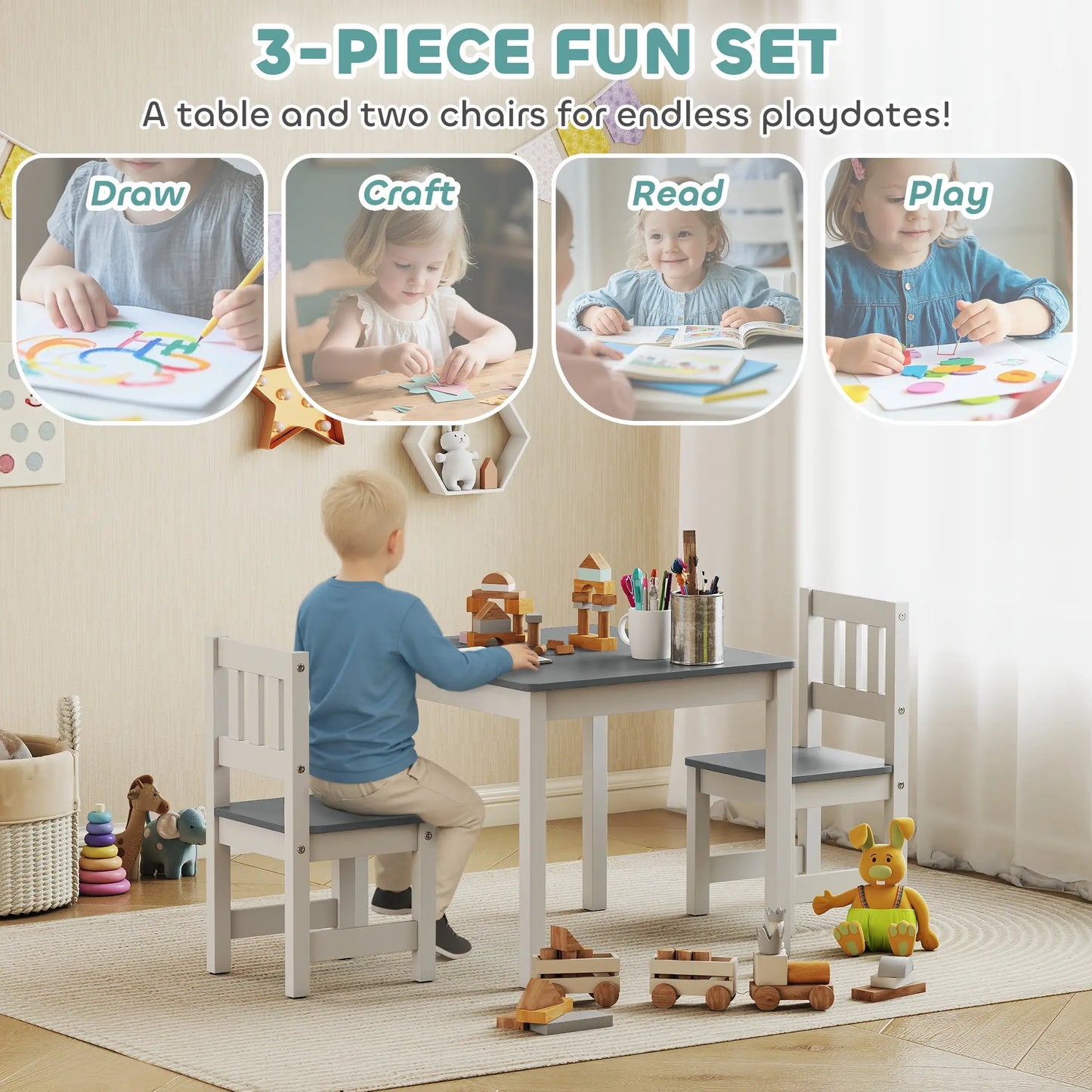 Kids Table and Chairs Set, Toddler Activity Table, 2 Chairs, Grey Kids Table Sets at Gallery Canada