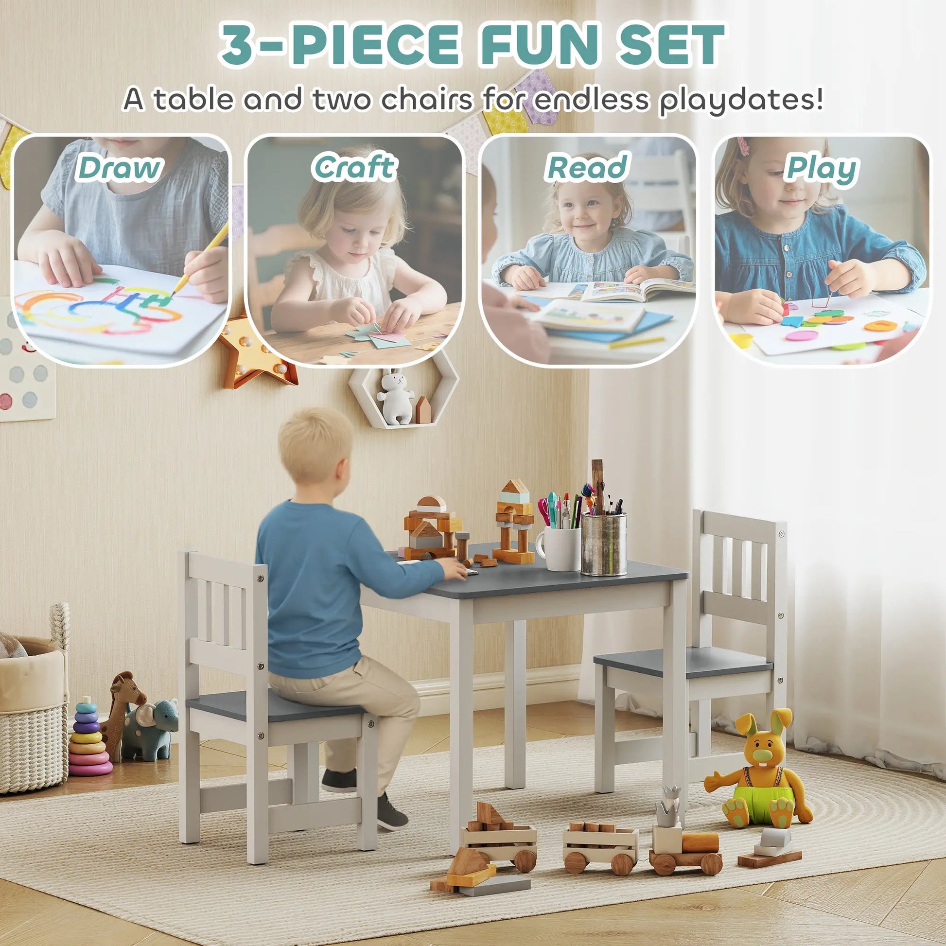 Kids Table and Chairs Set, Toddler Activity Table, 2 Chairs, Grey Kids Table Sets at Gallery Canada
