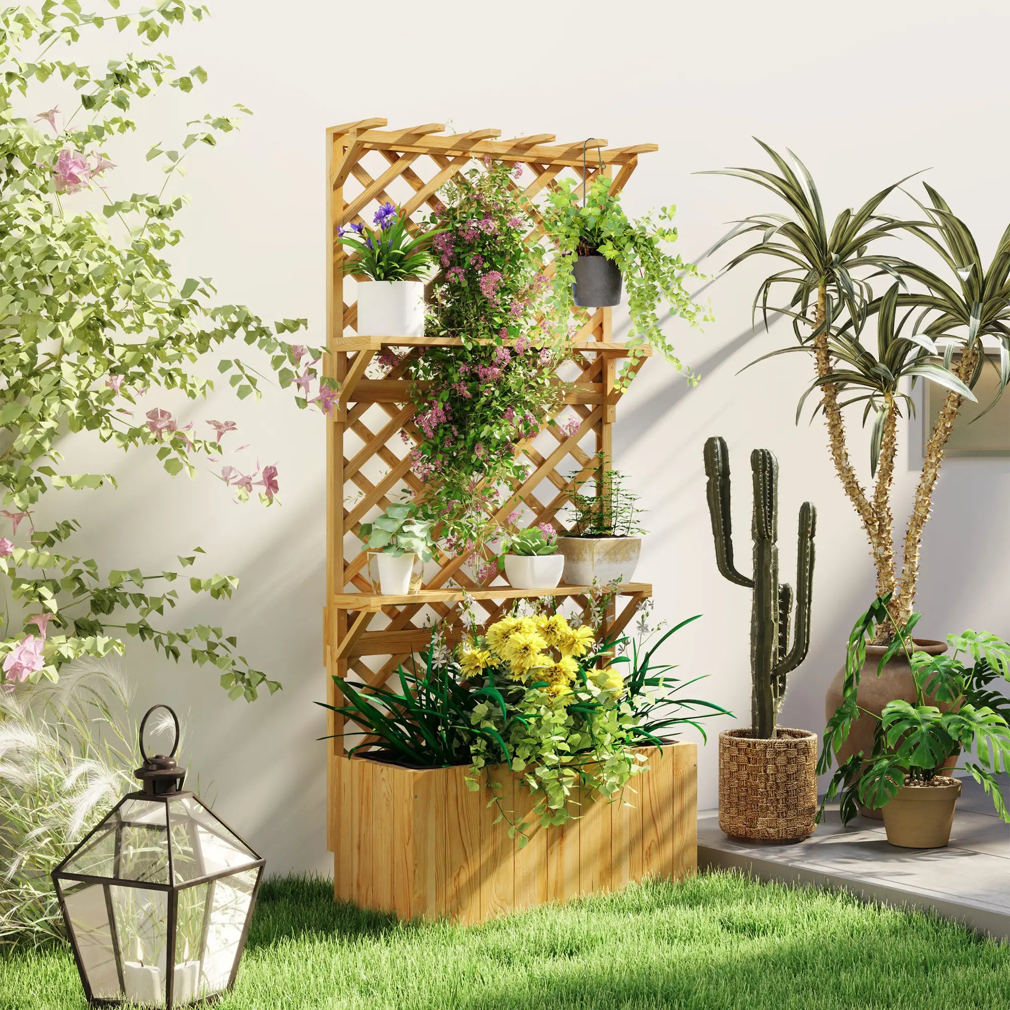 Wooden Raised Garden Bed With Trellis, Hanging Roof, Plant Shelf Wooden Planter Boxes at Gallery Canada