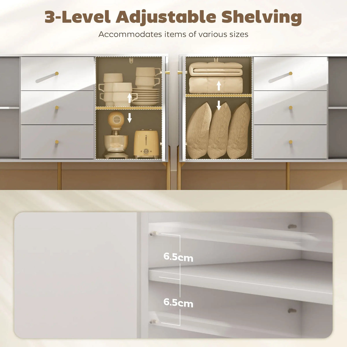 Buffet Cabinet, Modern Sideboard with 3 Drawers and 2 Shelves, White