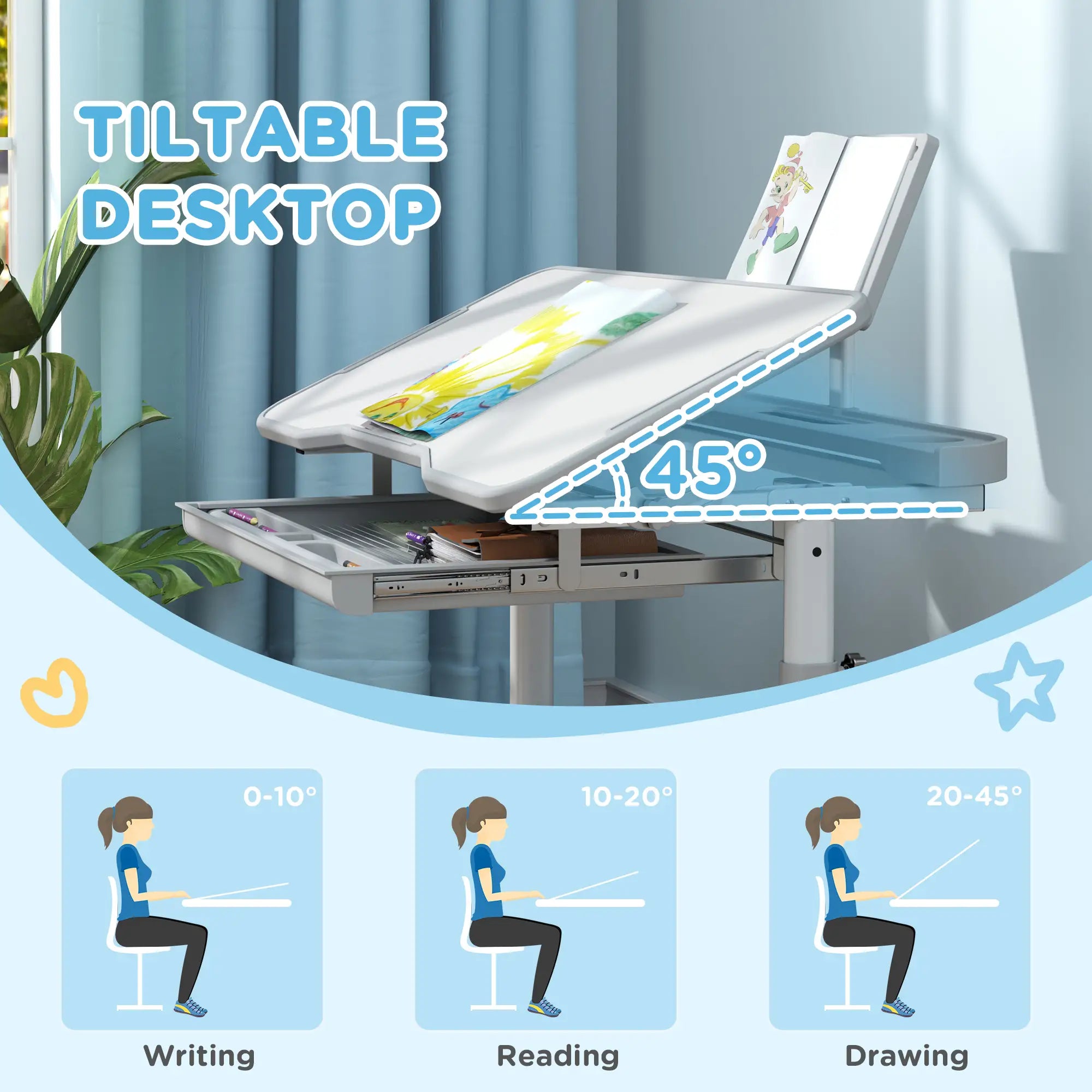Adjustable Kids Desk and Chair Set, Tilt Desktop, Large Board, Drawer, Grey Kids Desk Sets at Gallery Canada