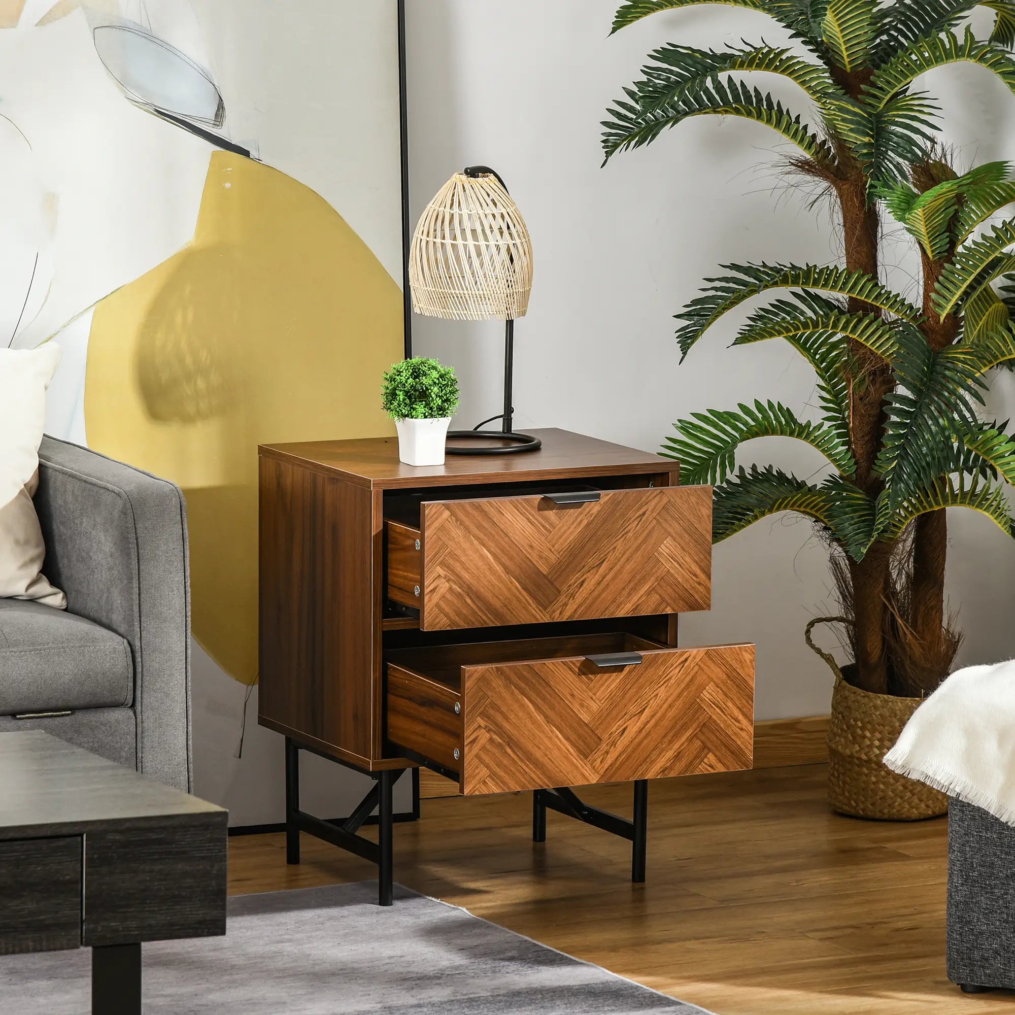 Bedside Table, Nightstand for Bedroom, End Side Table Dresser Storage with 2 Drawers, Walnut Brown Storage Cabinets at Gallery Canada