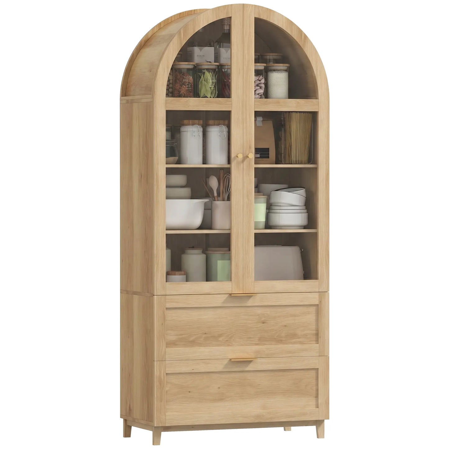 Arched Pantry Cabinet 71" Tall Oak, 2 Drawers, Oak