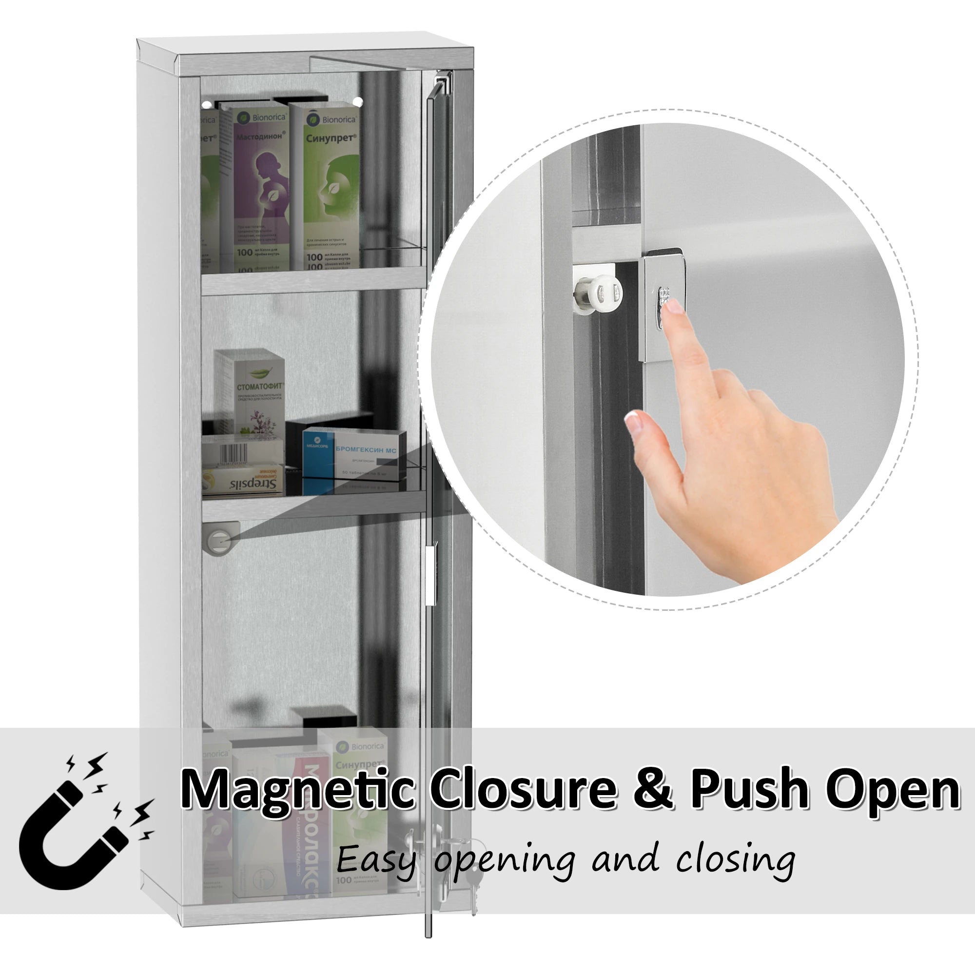 Wall Mount Medicine Cabinet, 3 Tier Shelves, Stainless Steel Frame, Glass Door, Lockable, 8