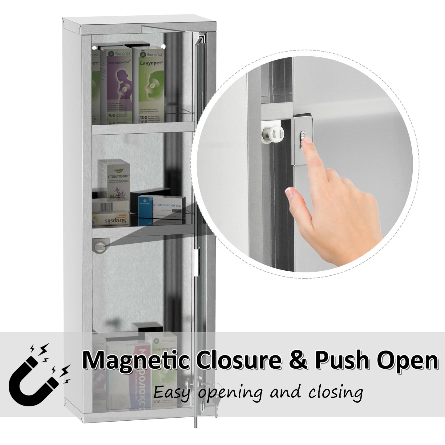 Wall Mount Medicine Cabinet, 3 Tier Shelves, Stainless Steel Frame, Glass Door, Lockable, 8" x 23", Silver Mirror Medicine Cabinets at Gallery Canada