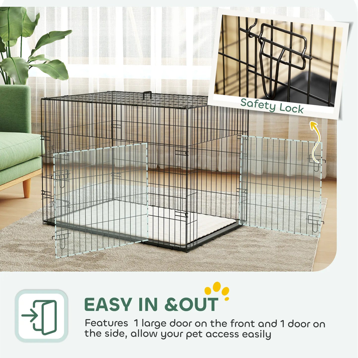 35" Dog Crate, Folding Metal Cage, Removable Tray, Cushion, Black