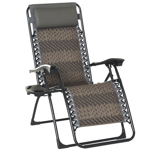 Wicker Folding Lounge Chair, Adjustable Backrest, Rattan Recliner with Headrest, Side Table Tray, Grey
