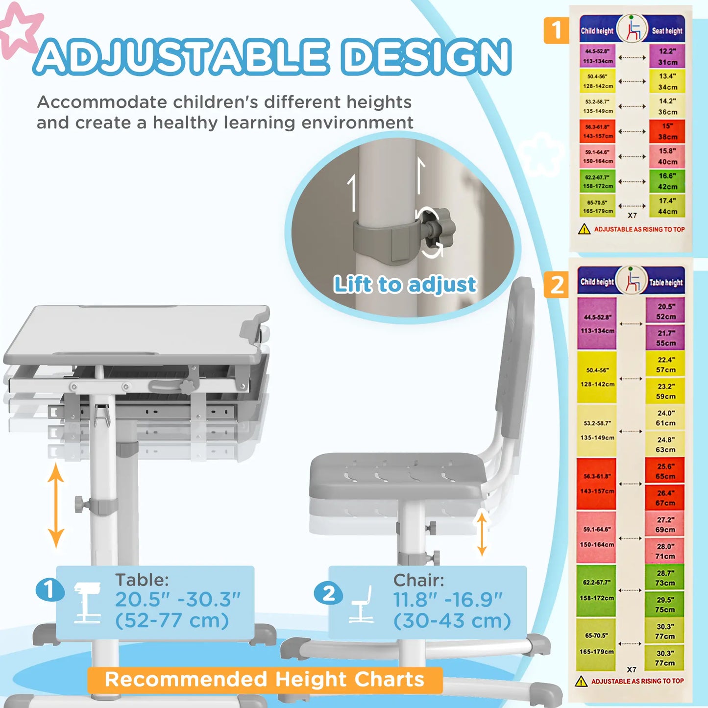 Adjustable Study Table and Chair Set, Drawer, Pen Slot, Grey Kids Desk Sets at Gallery Canada